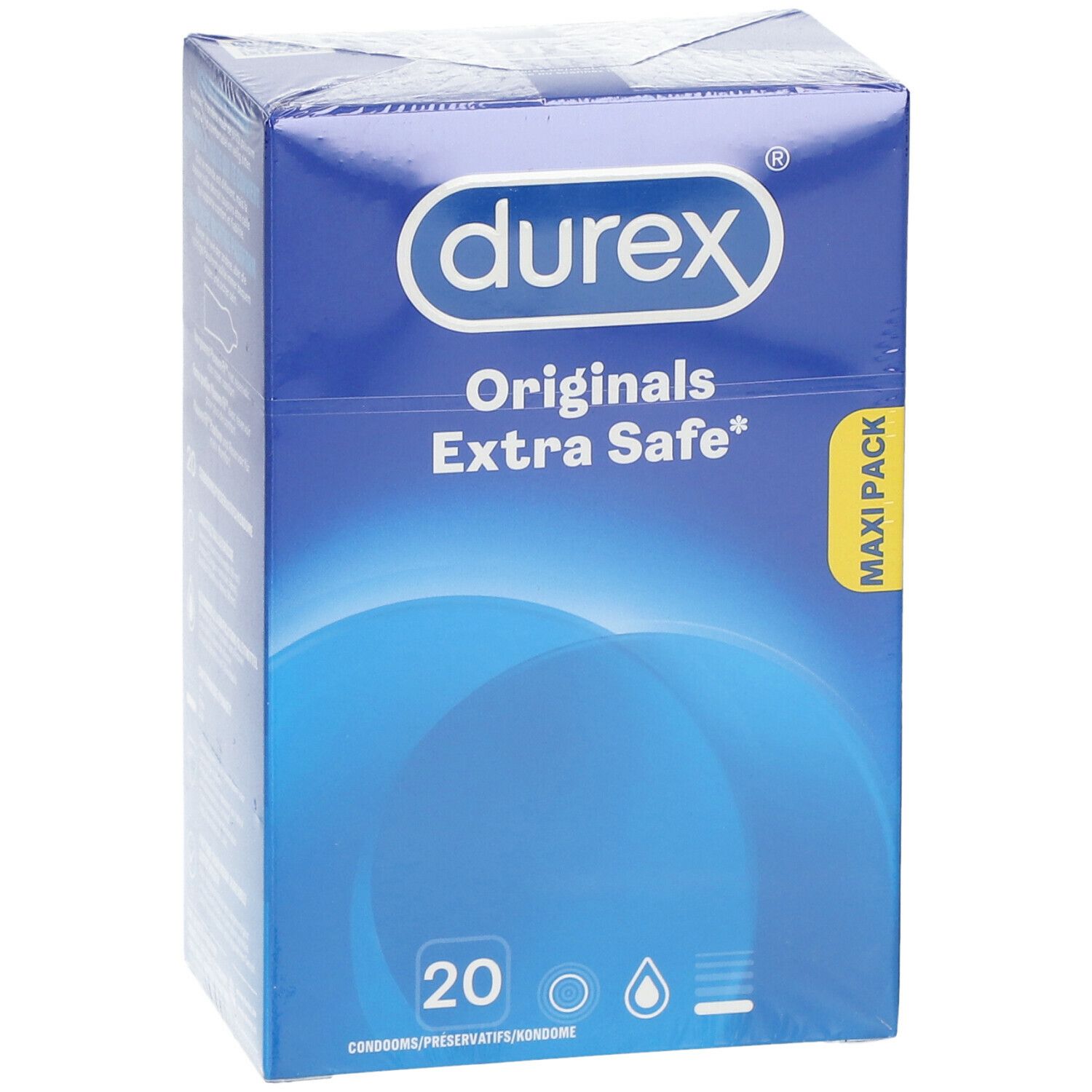 Confezione Durex Originals Extra Safe, 20 preservativi. Confezione Maxi Pack.