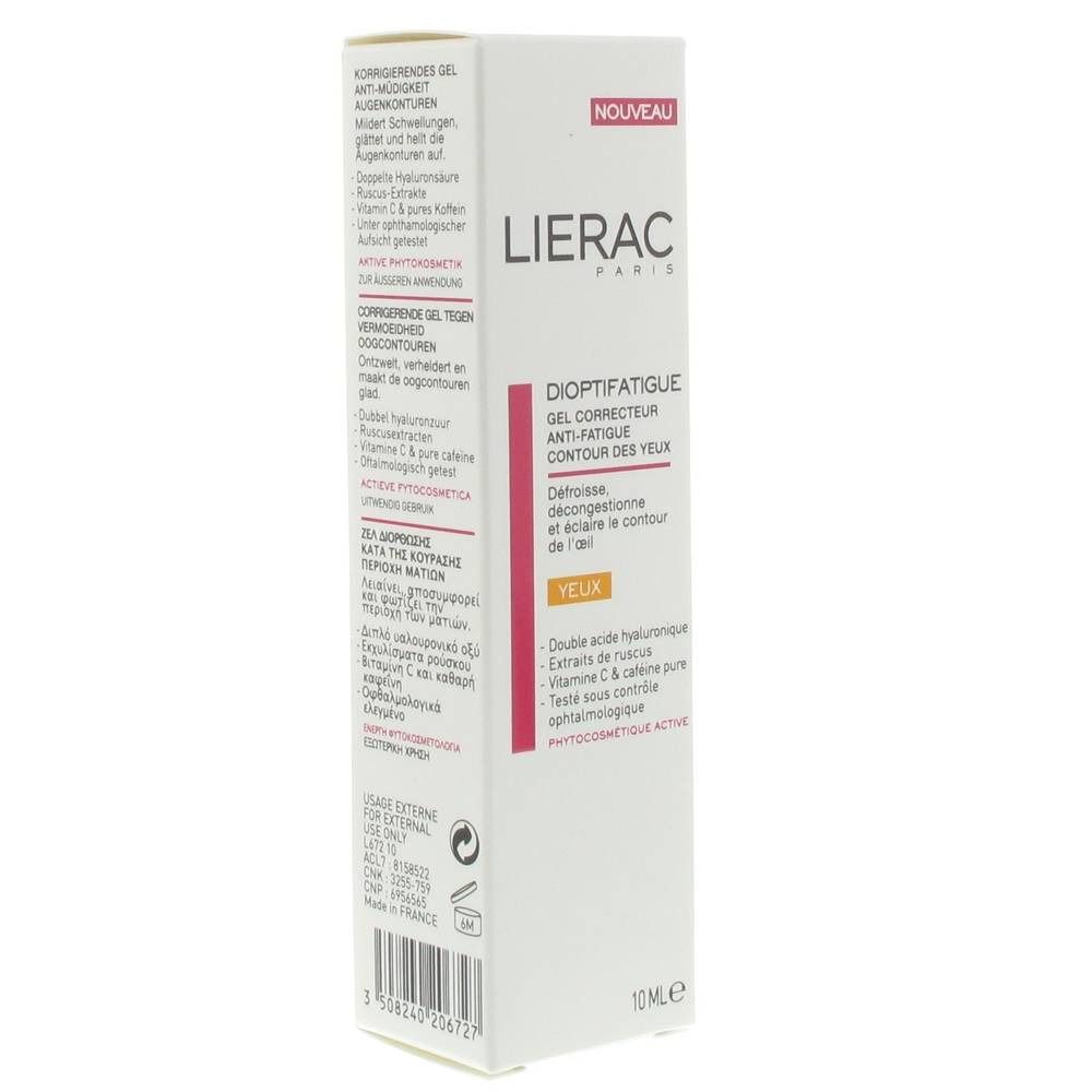 Confezione bianca con informazioni sul prodotto. Scritta: LIERAC PARIS, DIOPTIFATIGUE GEL CORRECTEUR ANTI-FATIGUE CONTOUR DES YEUX.