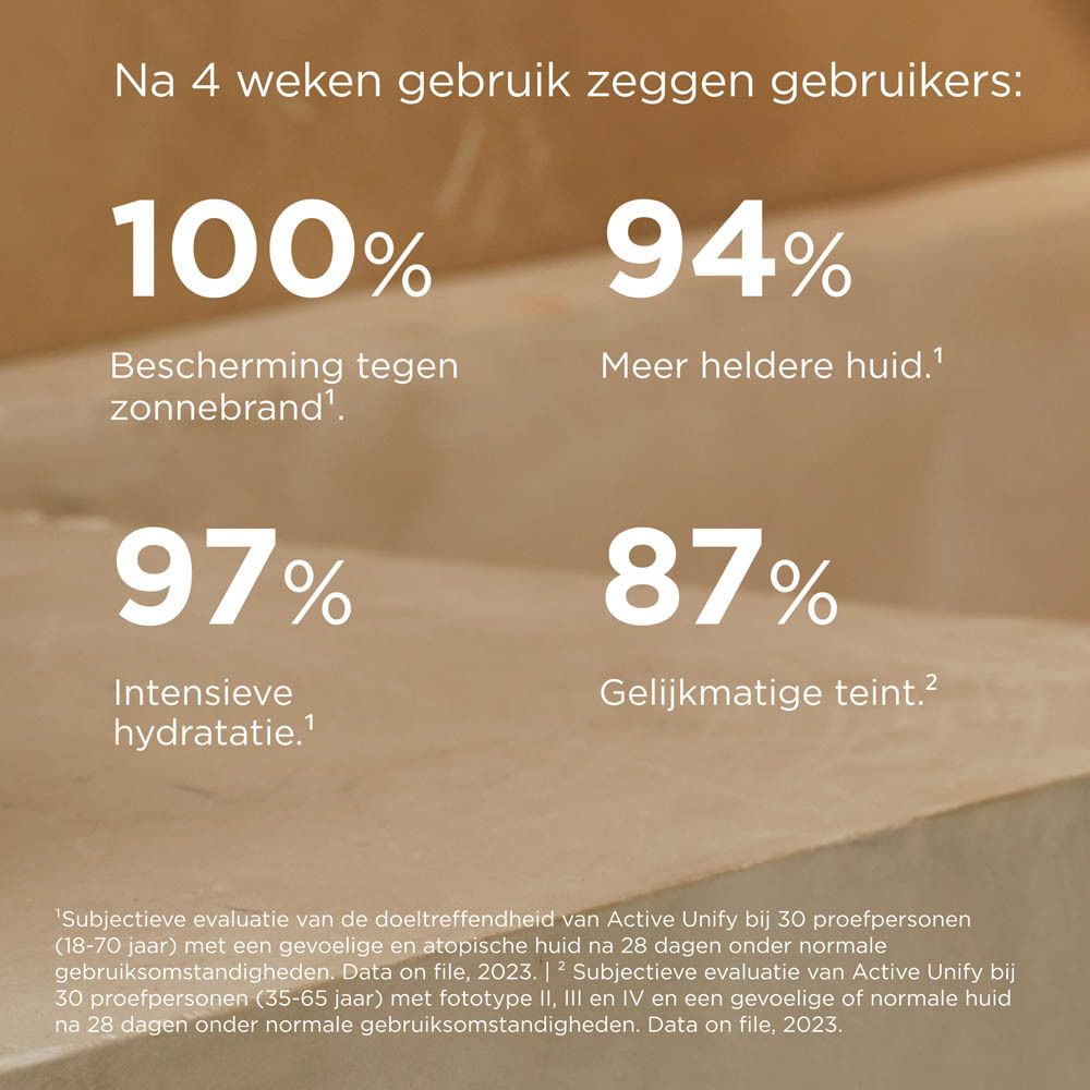 Testo: Dopo 4 settimane, gli utenti dicono: 100% protezione solare, 94% pelle più luminosa, 97% idratazione.