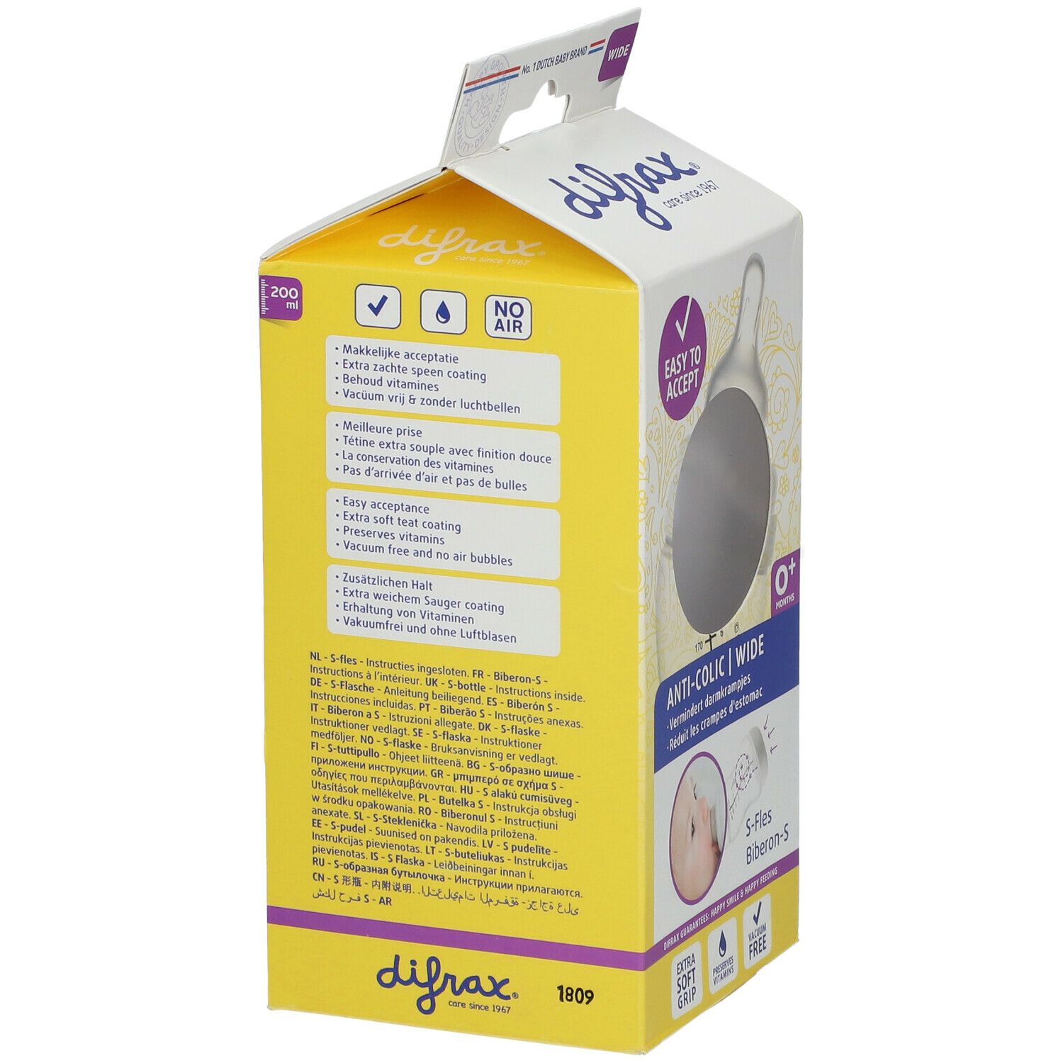 Retro della confezione del biberon S Anti-colica difrax®. Testo multilingue, illustrazione del prodotto.