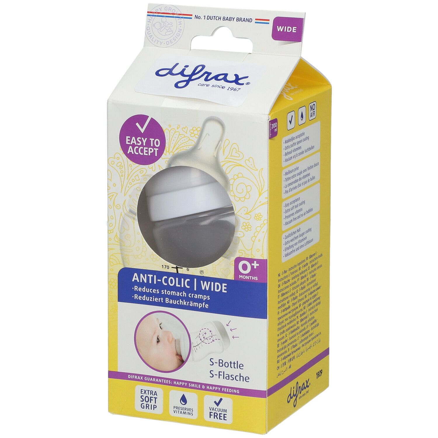 Confezione del biberon S Anti-colica difrax®. Visibile: Biberon, testo "Anti-colica", "Easy to accept", logo.