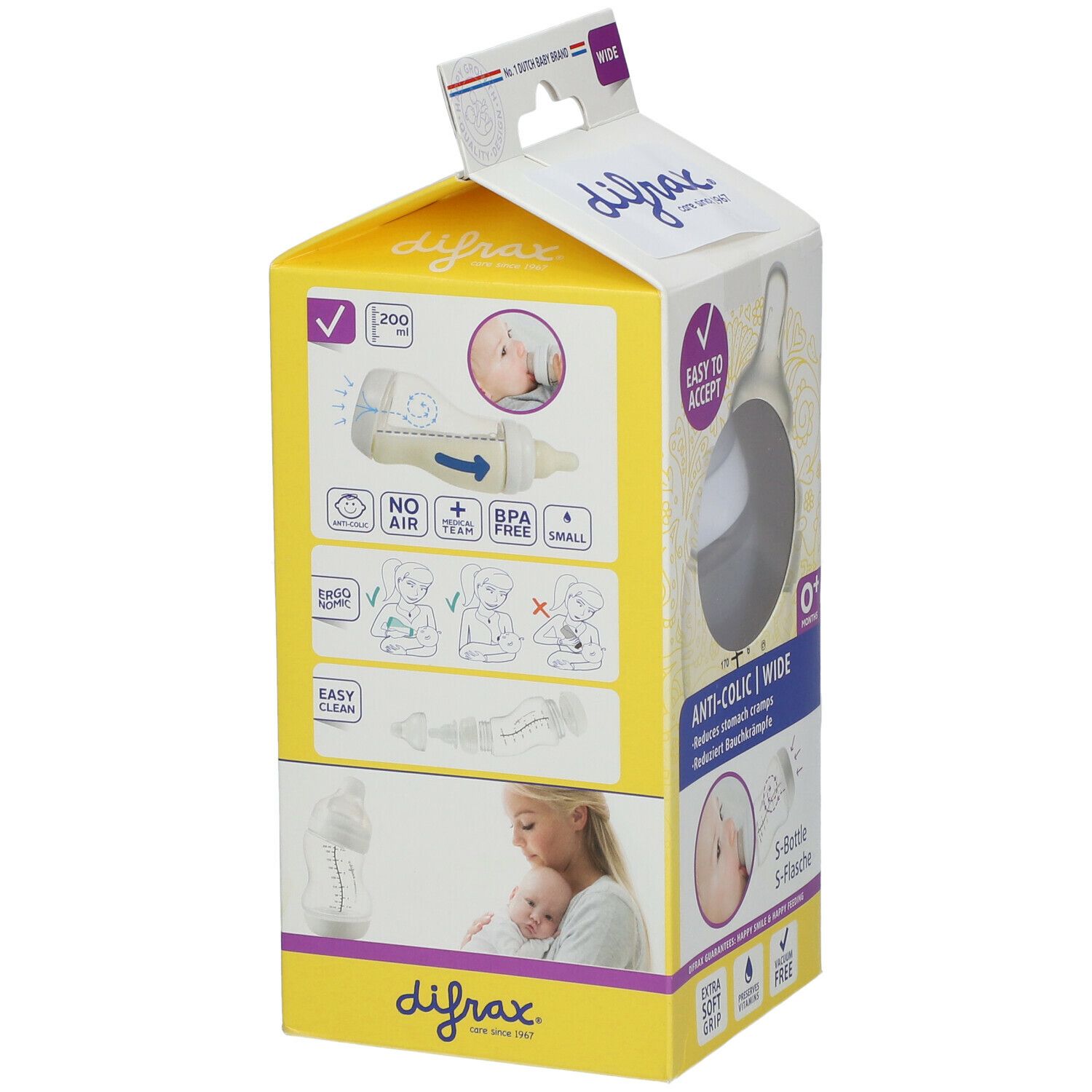 Confezione del biberon S Anti-colica difrax®. Illustrazioni d'uso, testo "Easy to accept", logo.