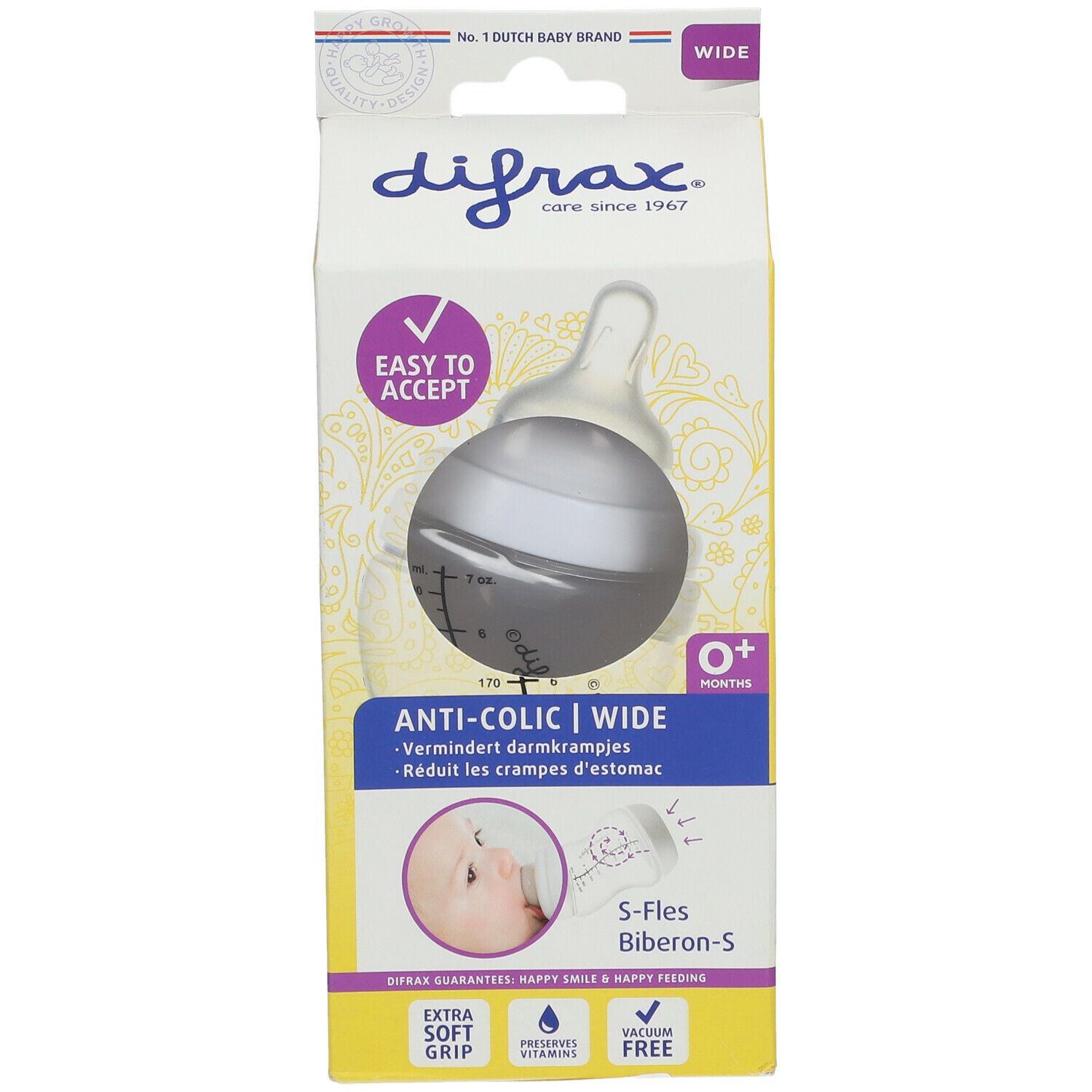 Confezione del biberon S Anti-colica difrax®. Visibile: Biberon, testo "Anti-colica", "Easy to accept", logo.