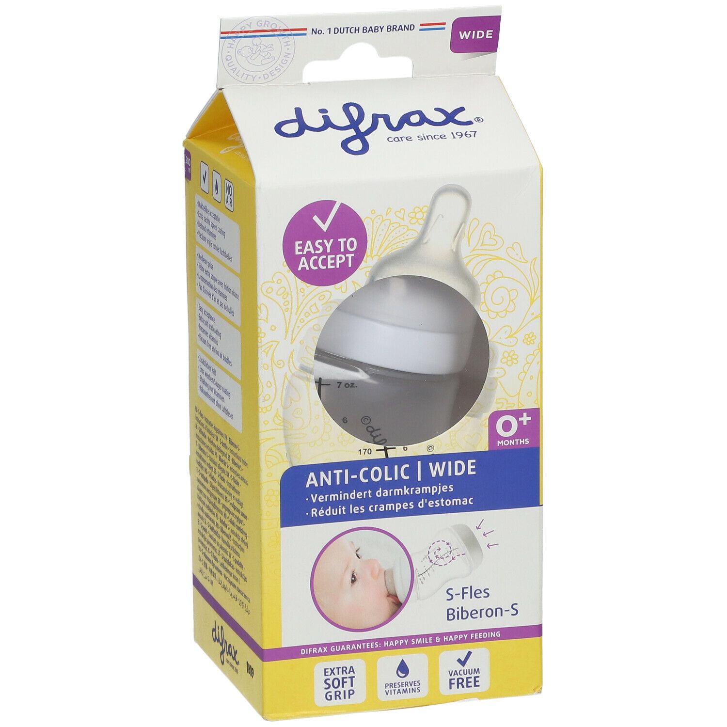 Confezione del biberon S Anti-colica difrax®. Visibile: Biberon, testo "Anti-colica", "Easy to accept", logo.
