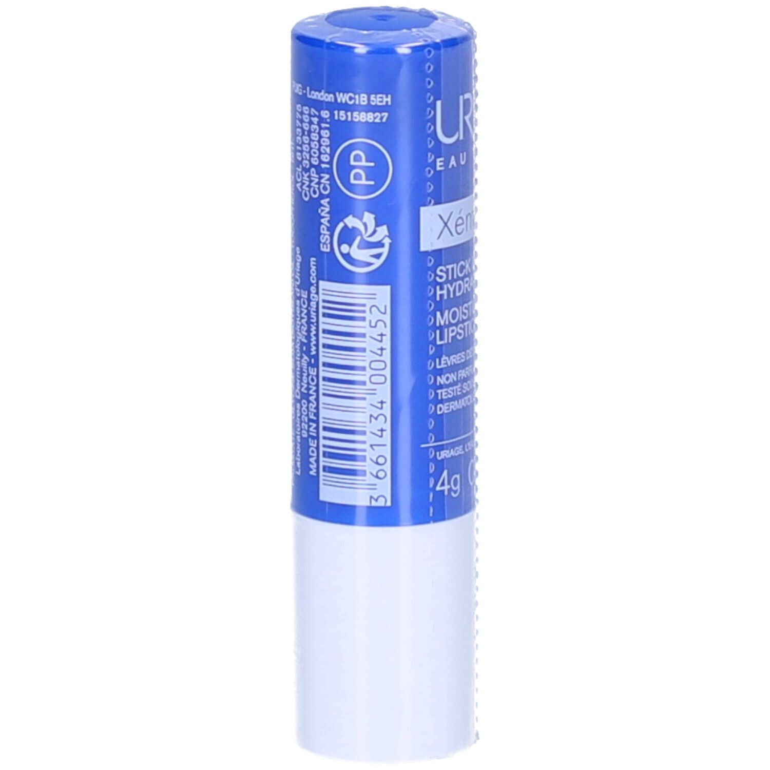Stick labbra blu. URIAGE Xémose Stick Lèvres Hydratant. 4g. 0,14 oz. Parte bianca.