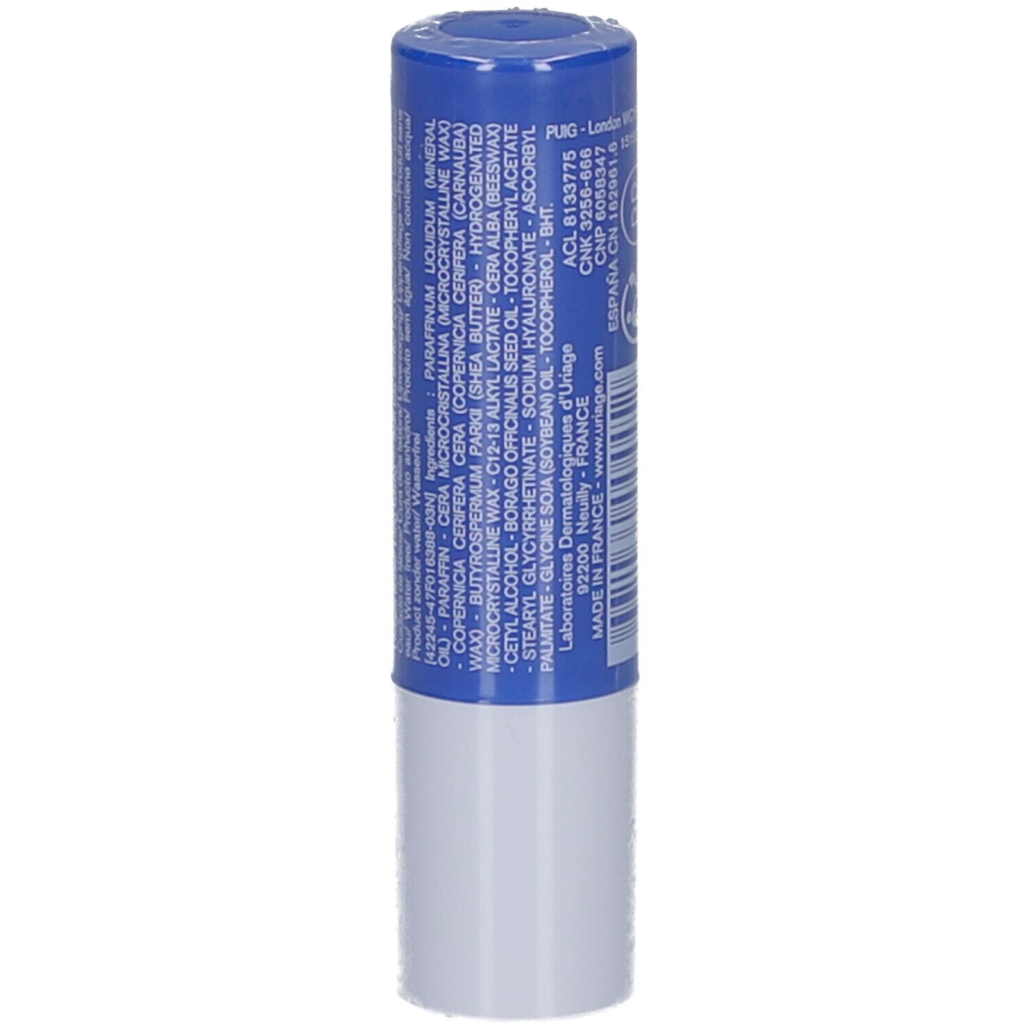 Retro dello stick labbra blu. Informazioni e ingredienti. Parte bianca dello stick.