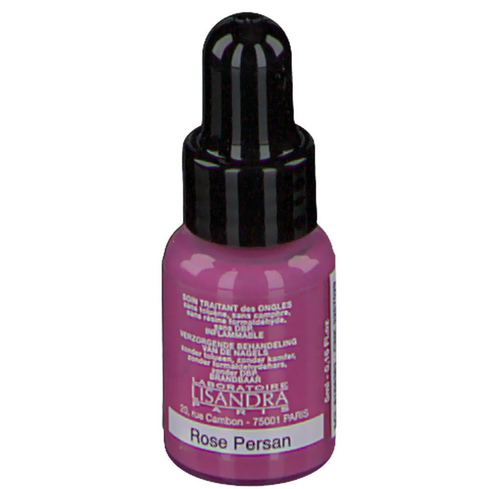 Flacone di smalto per unghie Persisch Pink. Tappo nero. Scritta: Rose Persan. Marchio: Lisandra. Indirizzo: 20, rue Cambon, Parigi.