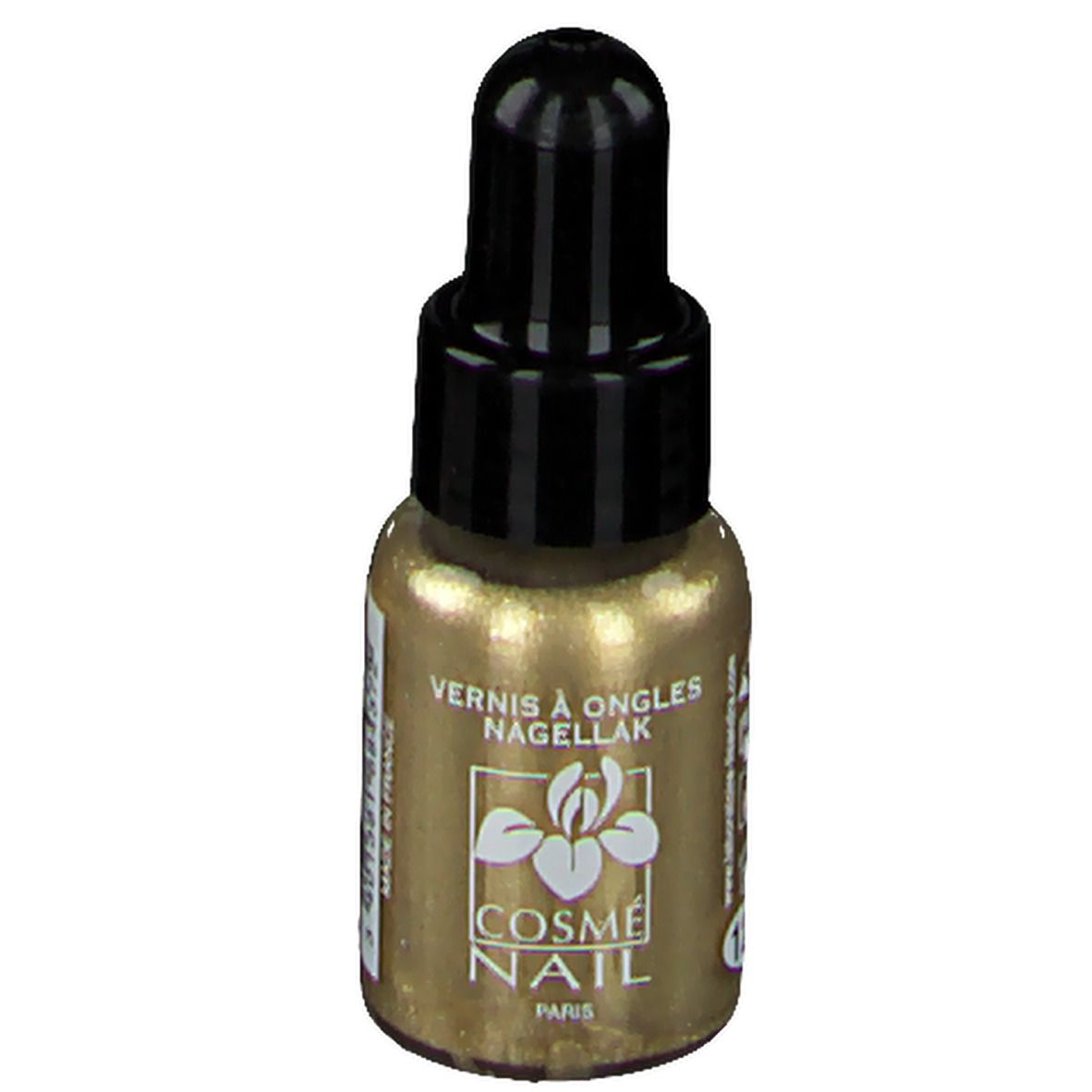 Flacone di smalto dorato con tappo nero. Scritta: COSMÈ NAIL Paris. Prodotto 123.
