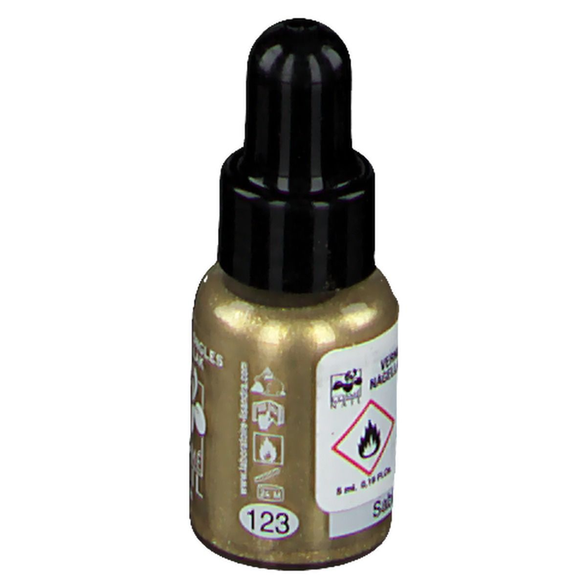 Flacone di smalto dorato con tappo nero. Scritta: COSMÈ NAIL Paris. Prodotto 123. Avvertenza.