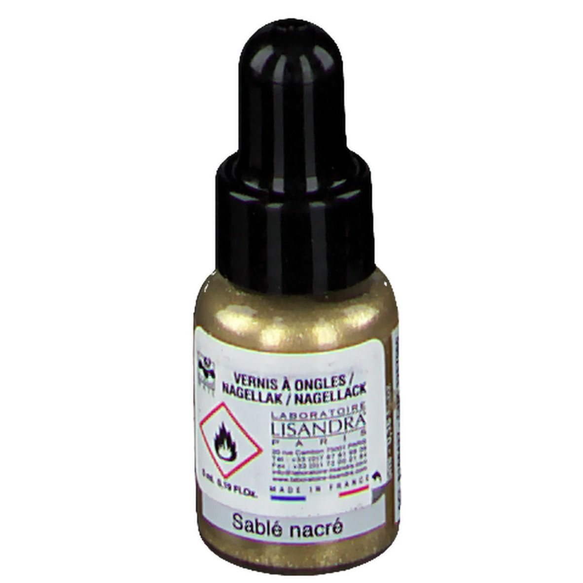 Flacone di smalto dorato con tappo nero. Scritta: COSMÈ NAIL Paris. Prodotto: Sablé nacré.