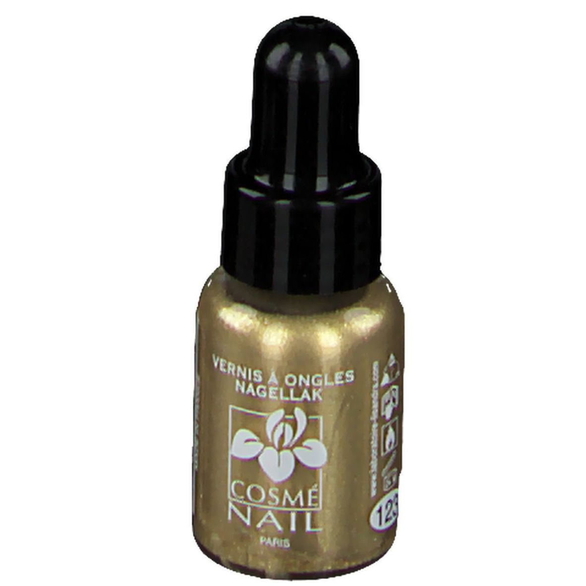 Flacone di smalto dorato con tappo nero. Scritta: COSMÈ NAIL Paris. Prodotto 129.