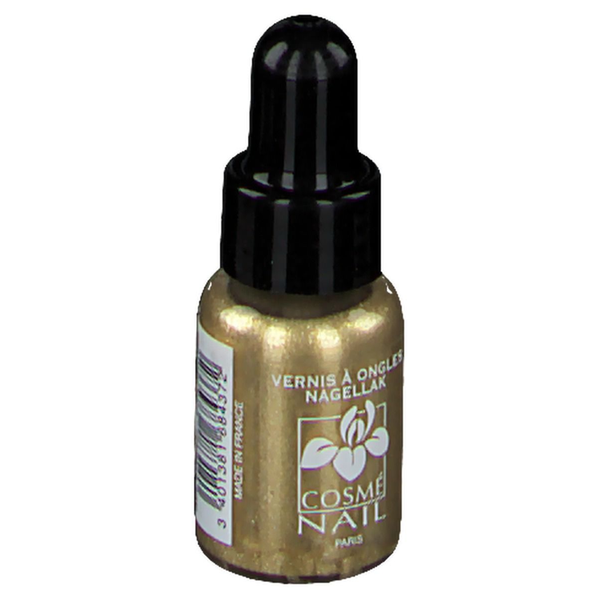 Flacone di smalto dorato con tappo nero. Scritta: COSMÈ NAIL Paris. Codice a barre.