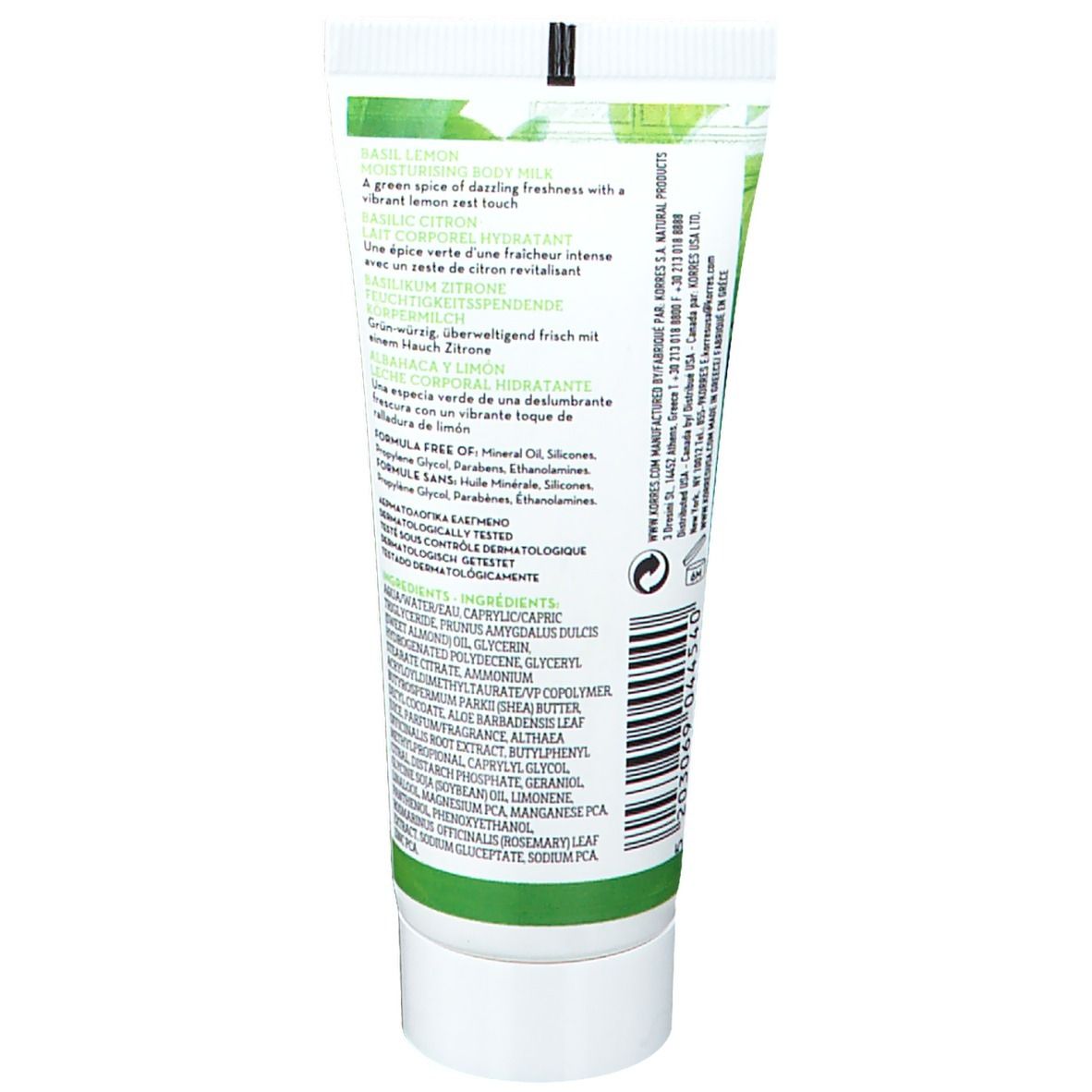 Tubo di lozione per il corpo, bianco con design verde. Testo: Basilico Limone, Lait Corporel Hydratant, FORMULA FREE OF.