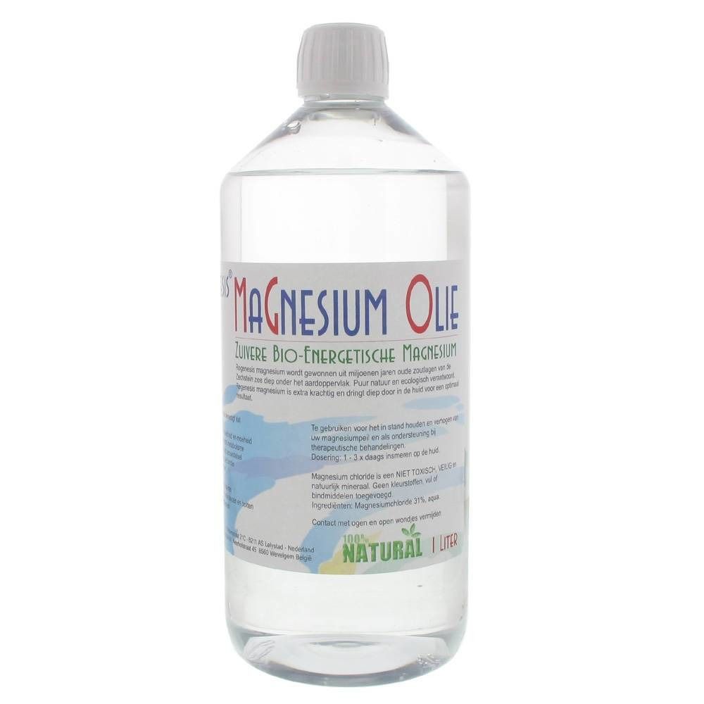 Bottiglia trasparente con tappo bianco. Scritta: Magnesium Olie. Etichetta con testo e logo.