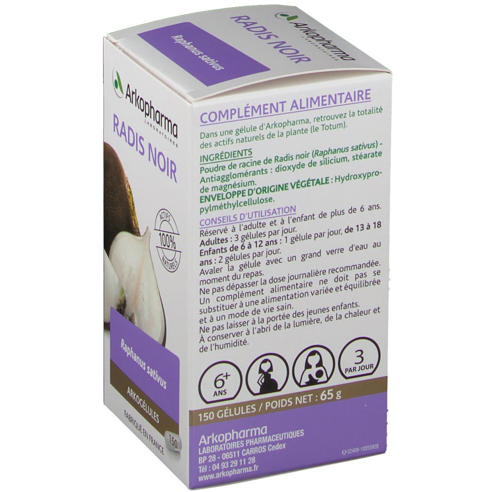 Retro della scatola Arkocaps Radis Noir. Testo: complément alimentaire, ingredienti, consigli d'uso, 150 gélules/Poids net: 65 g.