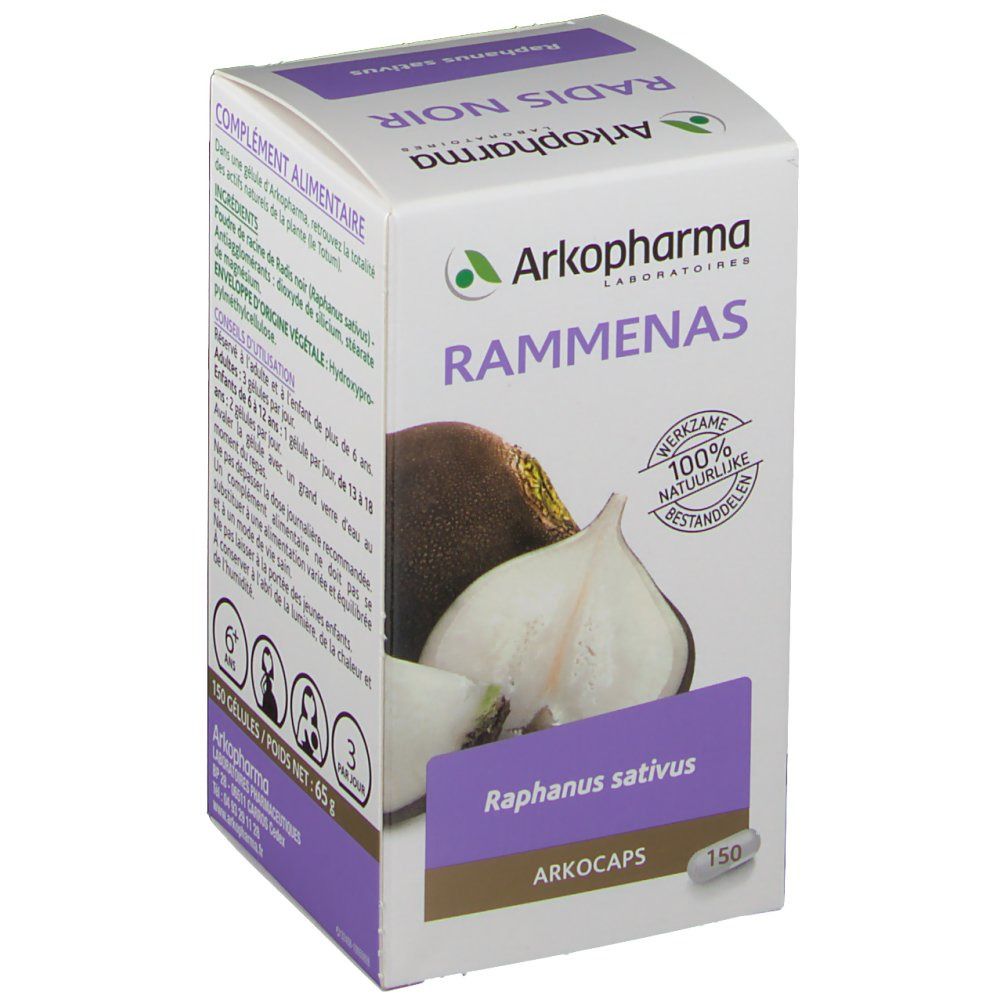 Scatola di Arkocaps Rammenas. Scritte: Rammenas, Arkopharma, 100% naturels, 150 Arkocaps. Immagine di ravanello nero.