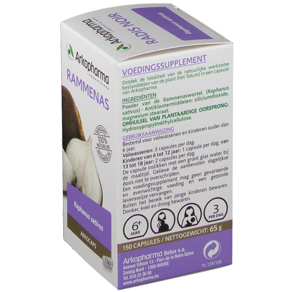 Retro della scatola Arkocaps Rammenas. Testo: Voedingssupplement, ingredienti, istruzioni per l'uso, 150 capsule/peso netto: 65 g.