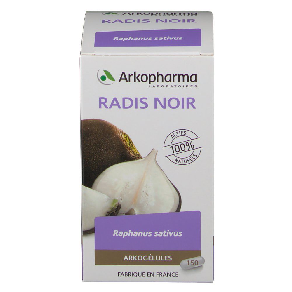 Scatola di Arkocaps Radis Noir. Scritte: Radis Noir, Arkopharma, 100% naturels, 150 Arkogélules. Immagine di ravanello nero.