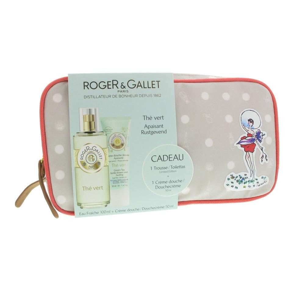 Set regalo Roger & Gallet Thé Vert. Include eau fraîche, crema e trousse a pois con illustrazione.