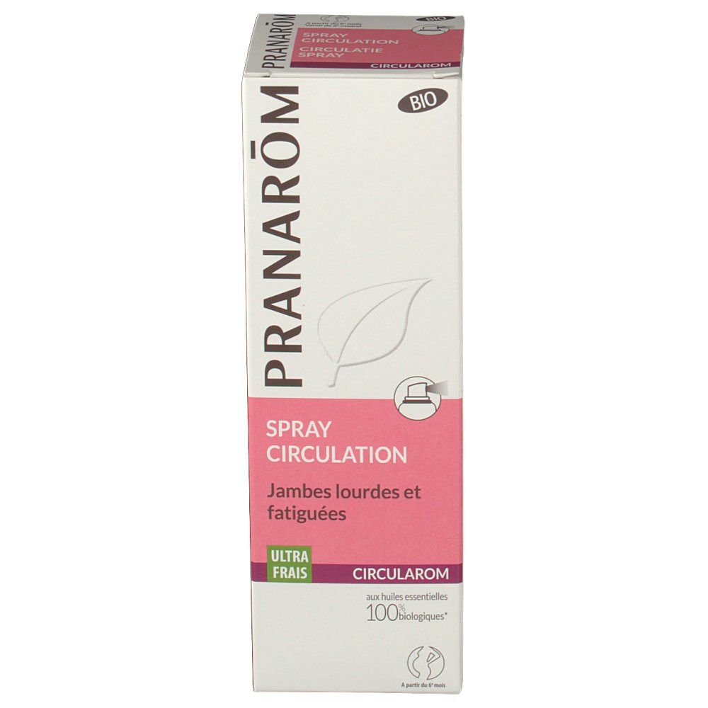 Scatola bianca e rosa. Testo: PRANAROM, SPRAY CIRCULATION, Jambes lourdes et fatiguées. Certificazione Bio. CIRULAROM.