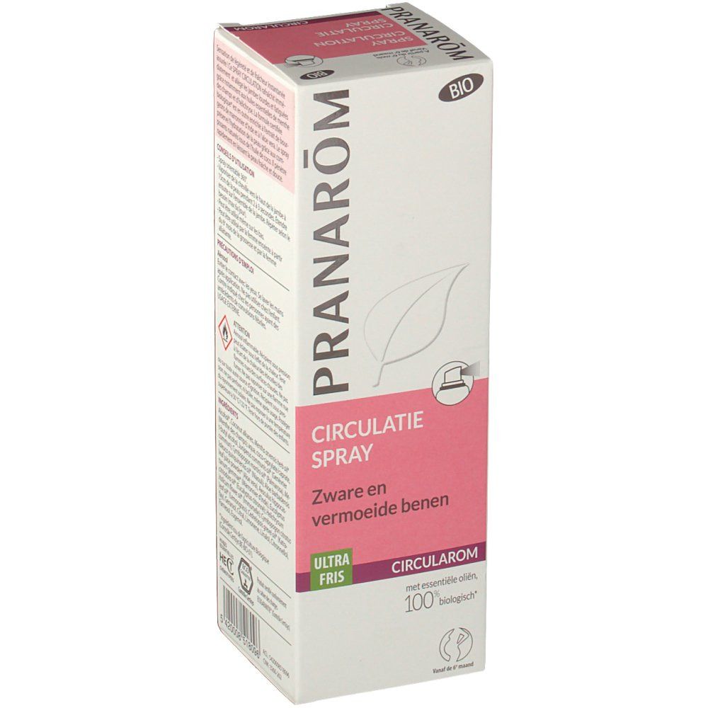 Scatola bianca, accento rosa. Testo: PRANAROM, CIRCULATIE SPRAY, Zware en vermoeide benen. CIRULAROM, 100% biologico. Certificazione Bio.
