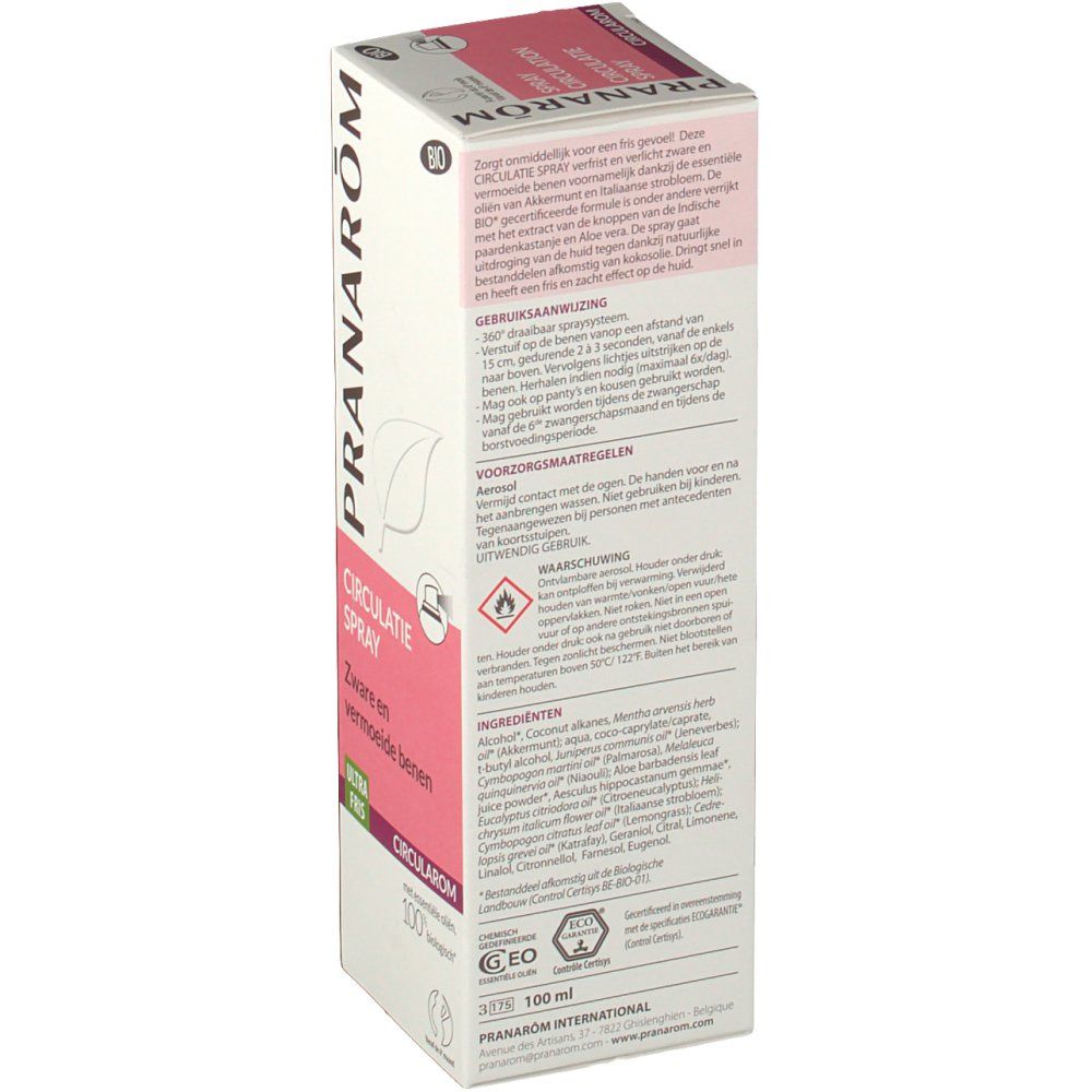 Scatola con testo e ingredienti. Testo: CIRCULATIE SPRAY, Zware en vermoeide benen. CIRULAROM. Certificazione Bio. Avvertenze.