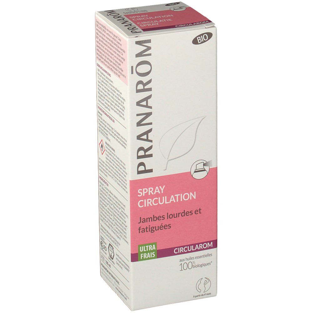 Scatola bianca e rosa. Testo: PRANAROM, SPRAY CIRCULATION, Jambes lourdes et fatiguées. Certificazione Bio. CIRULAROM.
