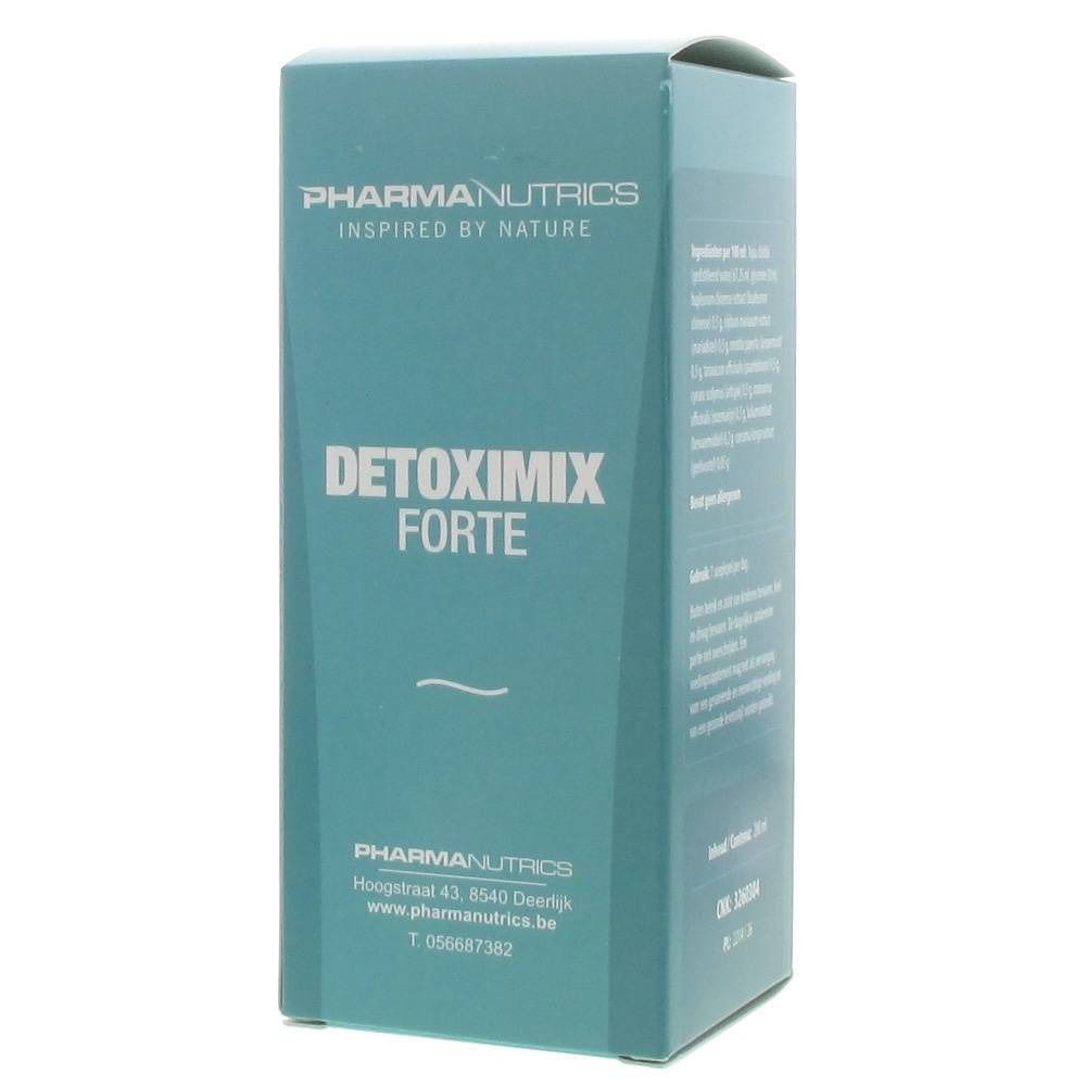 Scatola Pharmanutrics Detoximix Forte, turchese. Scritta: Pharmanutrics, Detoximix Forte. Logo e dettagli di contatto.