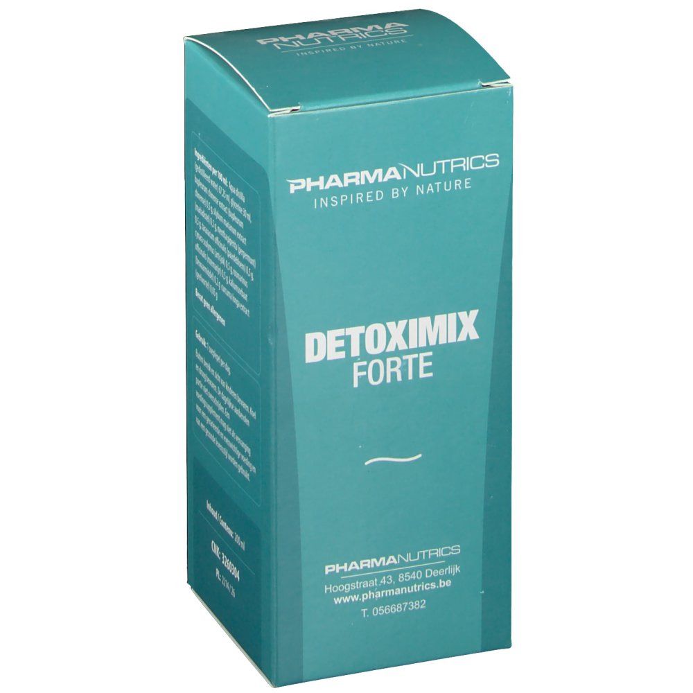 Scatola Pharmanutrics Detoximix Forte, turchese. Scritta: Pharmanutrics, Detoximix Forte. Logo e dettagli di contatto.