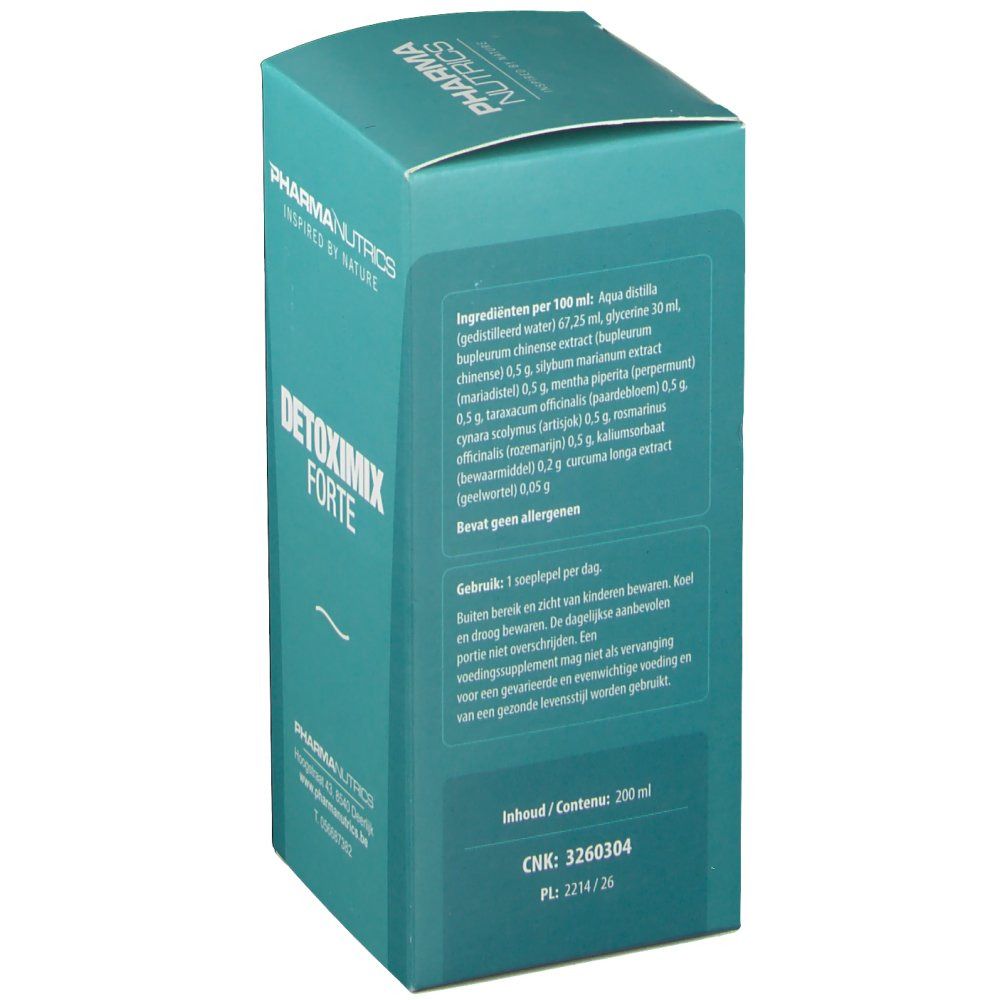 Scatola Pharmanutrics Detoximix Forte, turchese. Scritta: Pharmanutrics, Detoximix Forte. Ingredienti e istruzioni per l'uso.