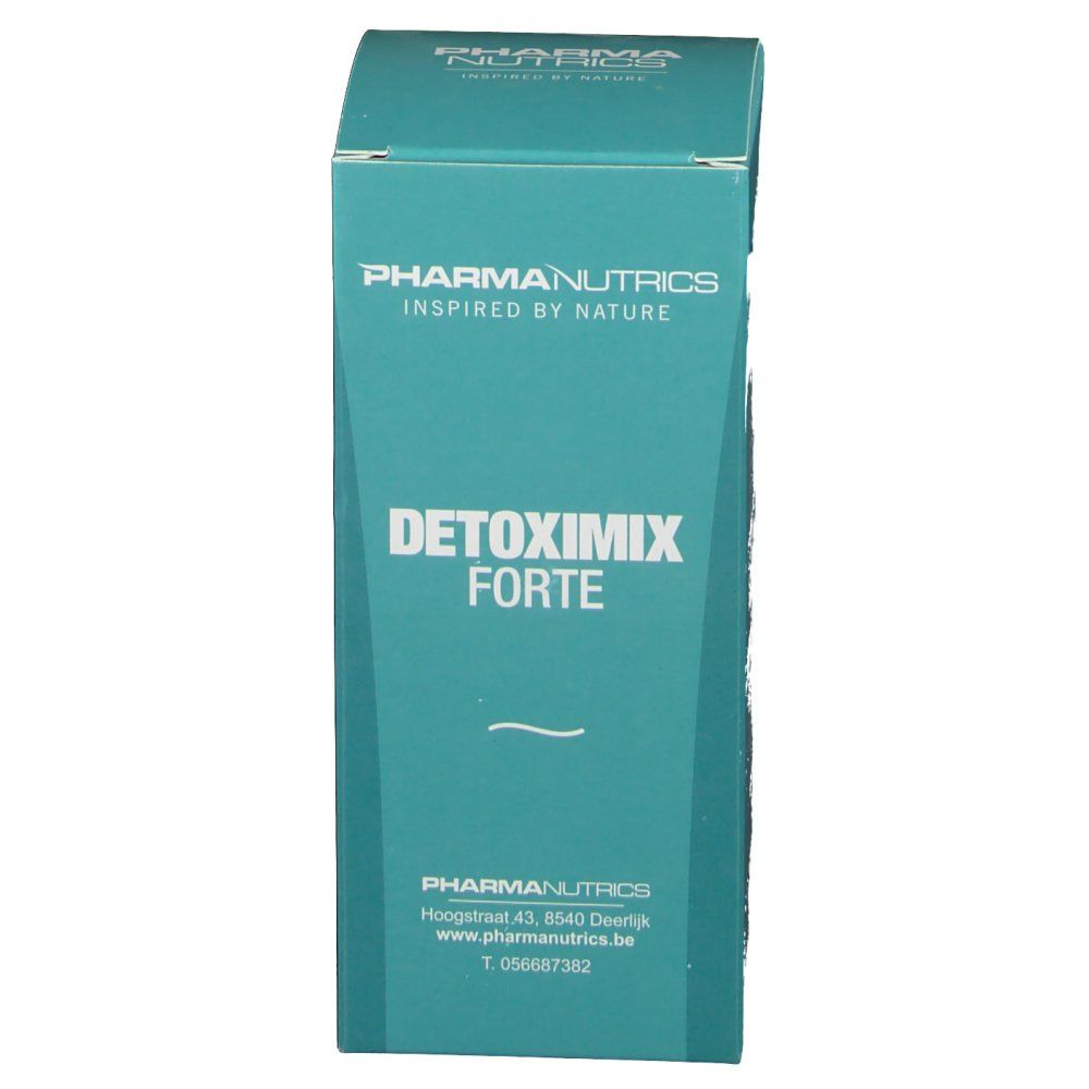 Scatola Pharmanutrics Detoximix Forte, turchese. Scritta: Pharmanutrics, Detoximix Forte. Logo e dettagli di contatto.