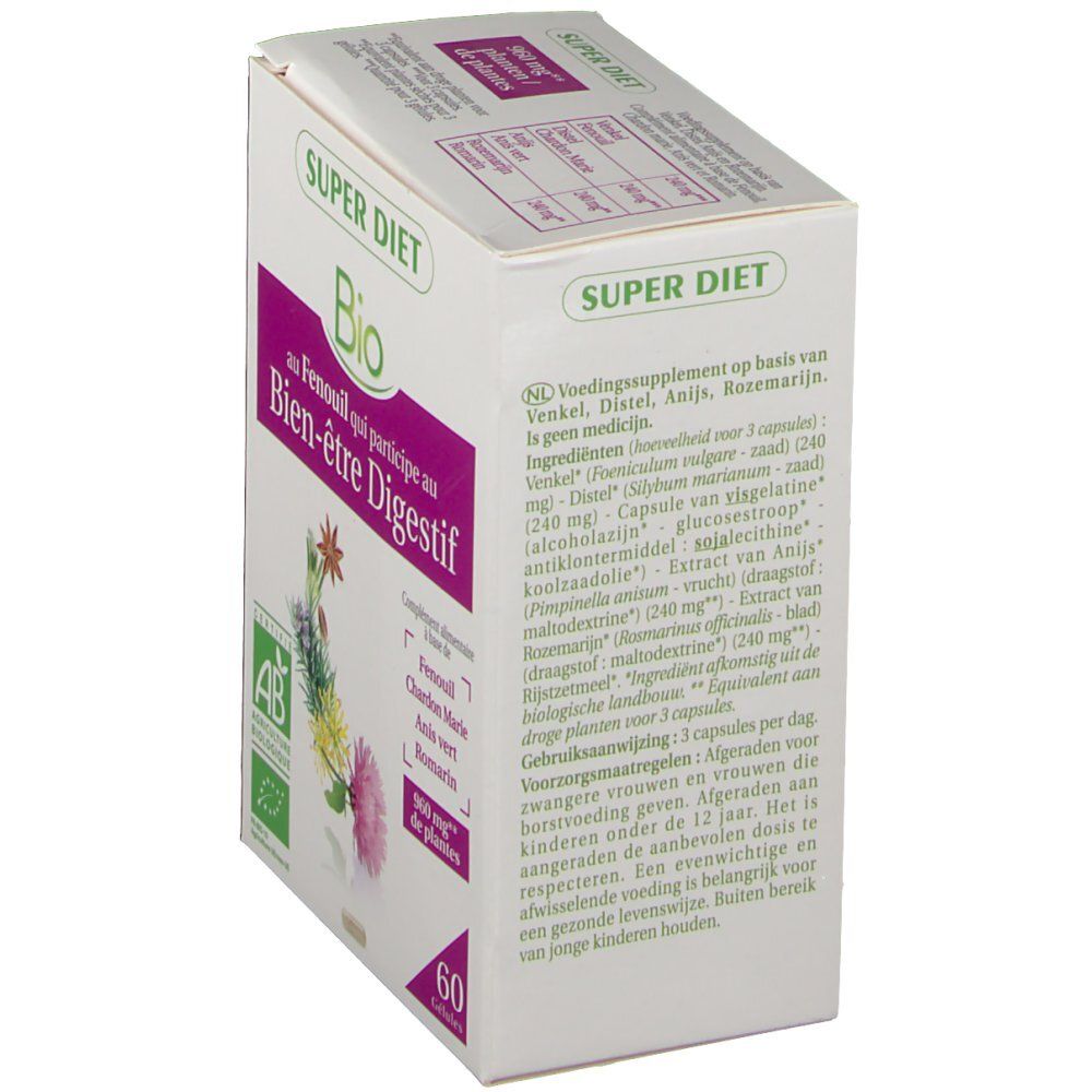 Scatola bianca con testo in olandese. Contiene informazioni sugli ingredienti e l'uso. Certificazione AB Bio.