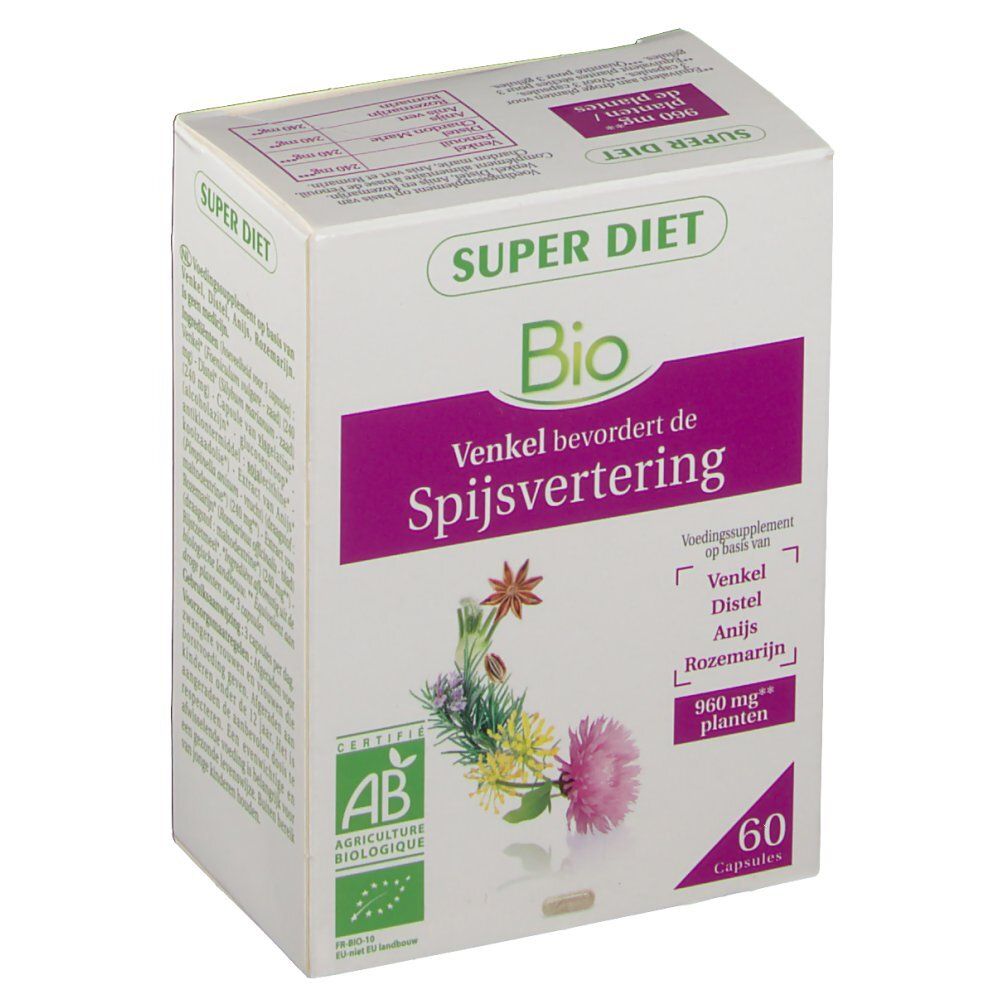 Scatola bianca "Super Diet Bio". Contiene 60 capsule. Certificazione AB Bio. Testo in olandese.