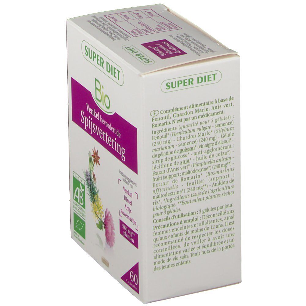 Scatola bianca con testo in olandese. Contiene informazioni sugli ingredienti e l'uso. Certificazione AB Bio.