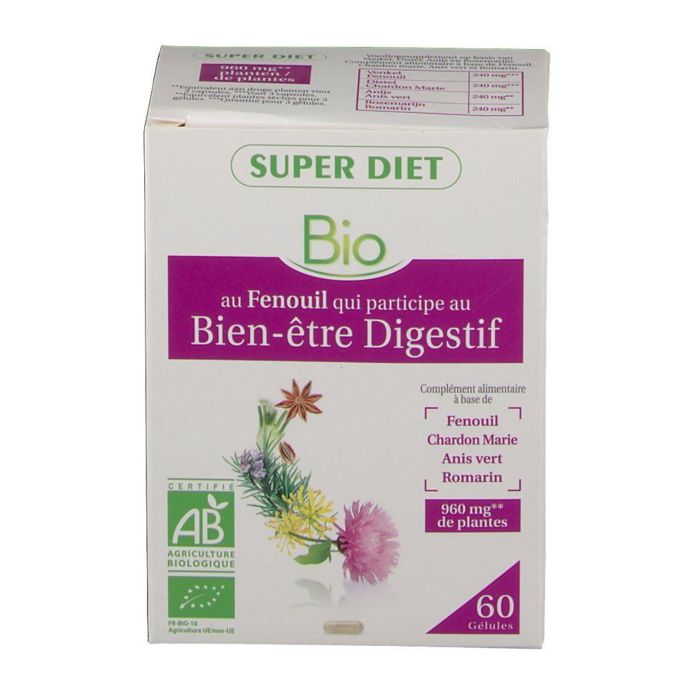 Scatola bianca "Super Diet Bio". Contiene 60 capsule. Certificazione AB Bio. Testo in francese.