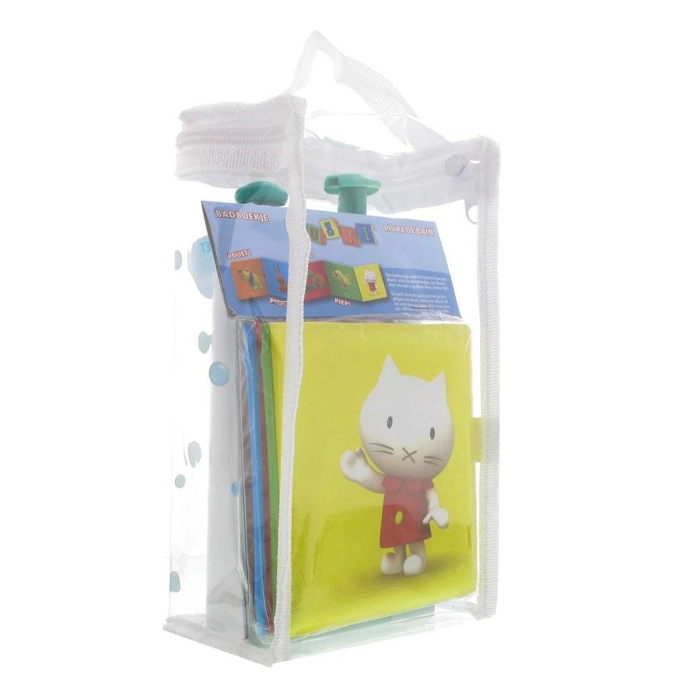 Borsa trasparente con manico, piena di prodotti. Contiene panni colorati e un libro giallo con un gatto.