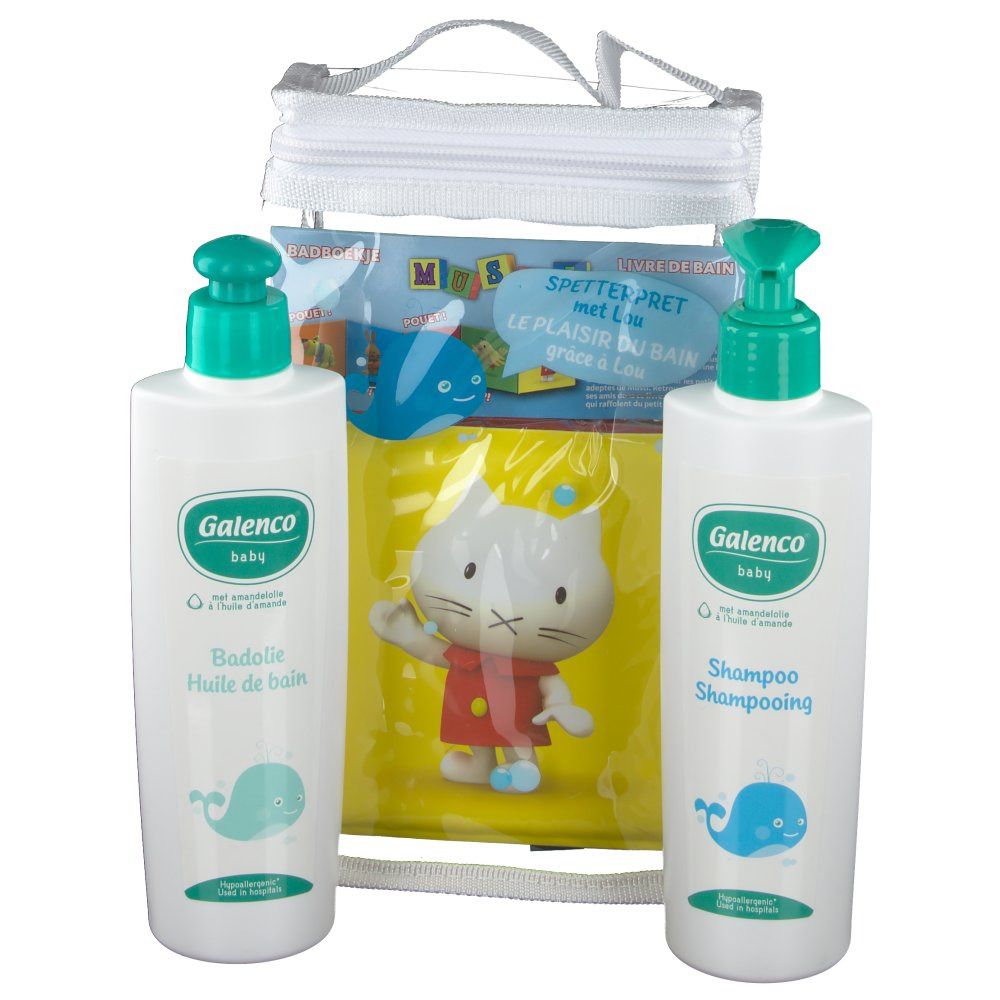 Borsa trasparente con prodotti. Contiene due flaconi Galenco Baby, olio da bagno e shampoo, e un asciugamano giallo.