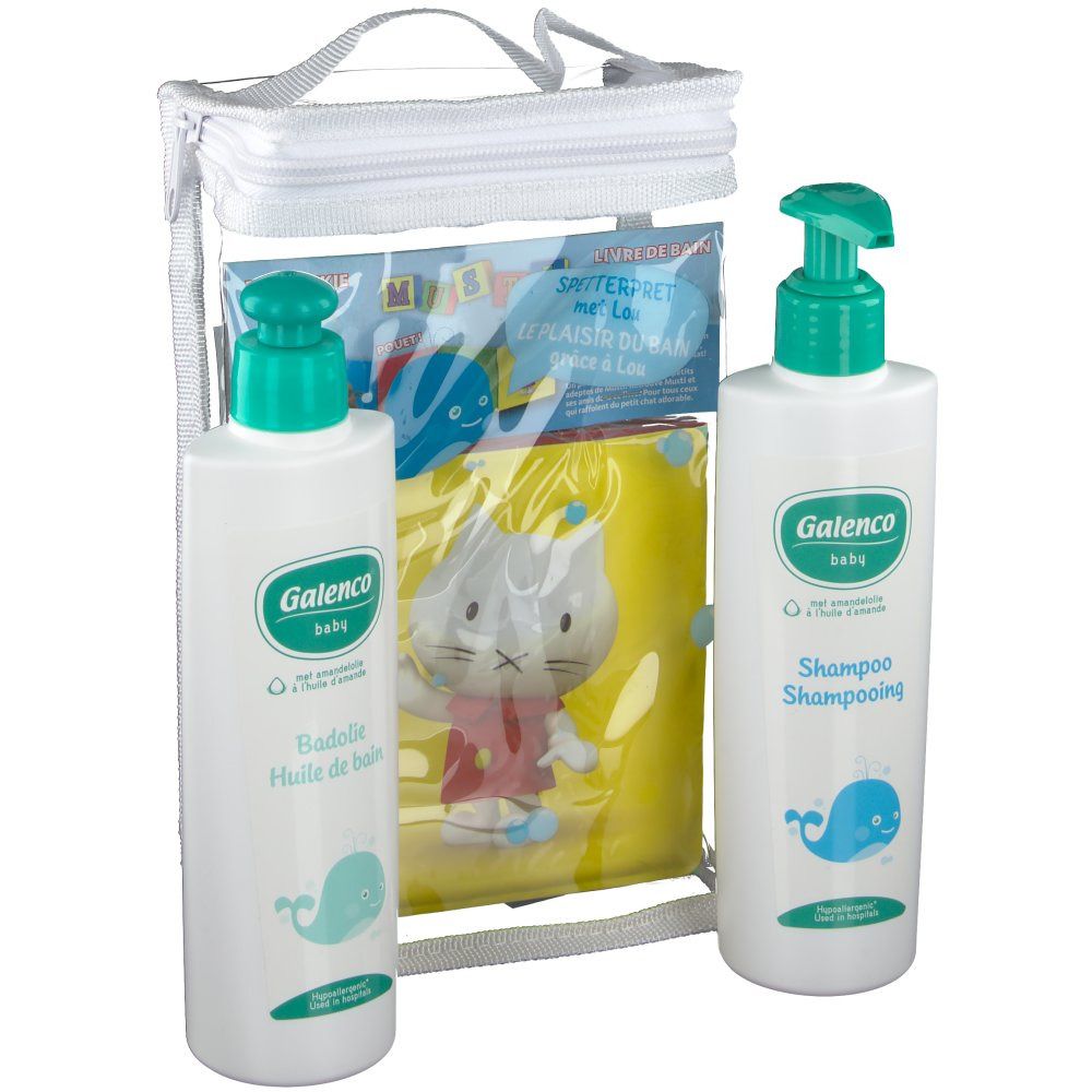 Borsa trasparente con prodotti. Contiene due flaconi Galenco Baby, olio da bagno e shampoo, e un asciugamano giallo.
