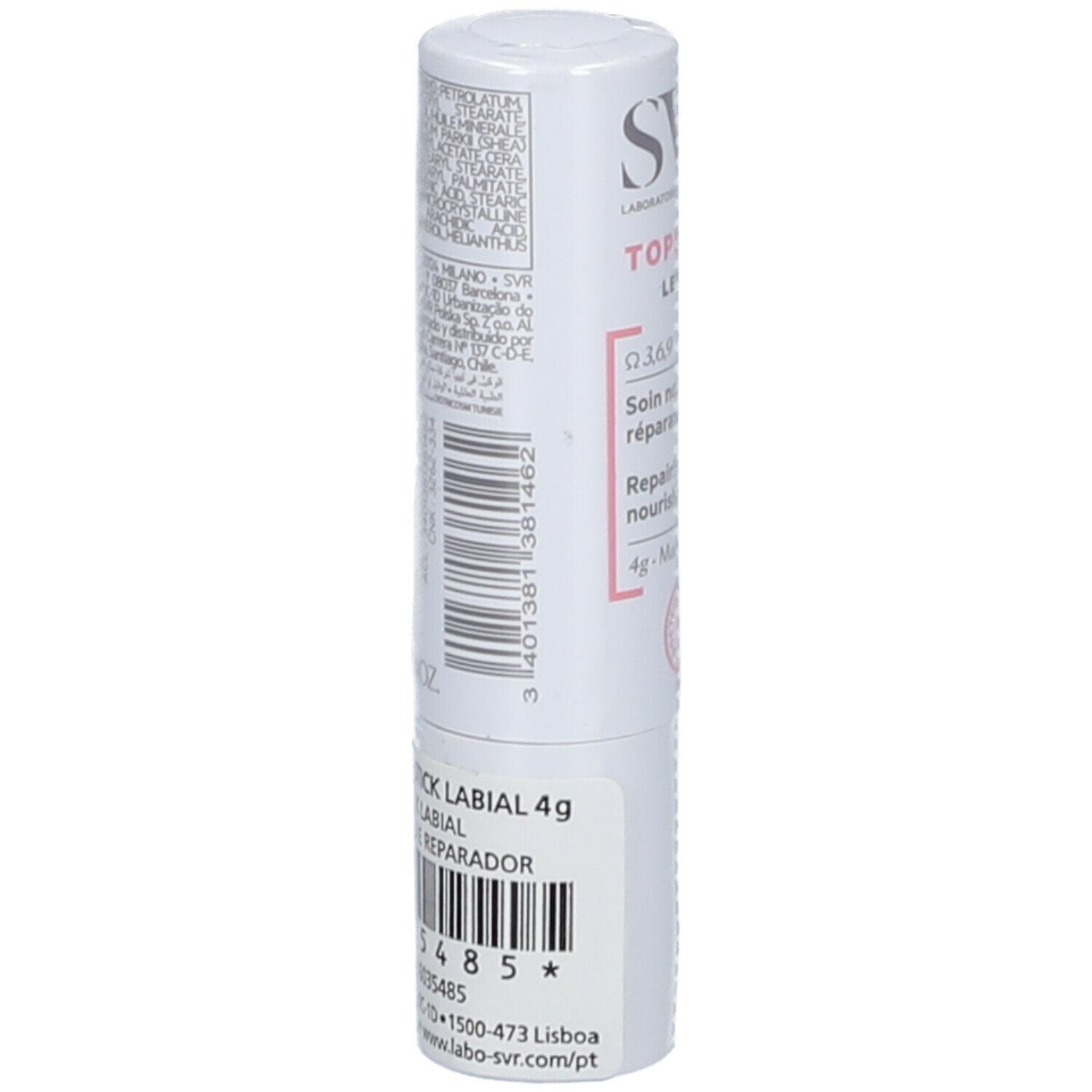 SVR Topialyse Labbra 4 g. Stick labbra bianco con testo e codice a barre. Retro con ingredienti e informazioni del produttore.