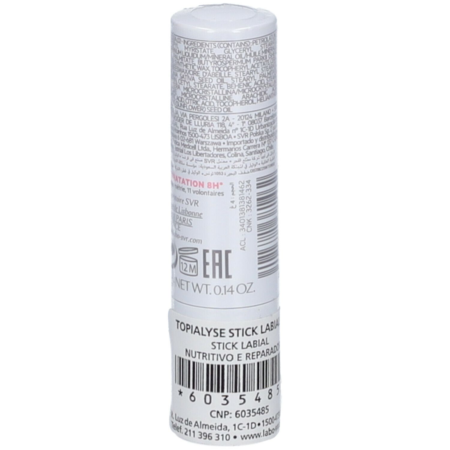 SVR Topialyse Labbra 4 g. Stick labbra bianco con testo e codice a barre. Retro con ingredienti e informazioni del produttore.