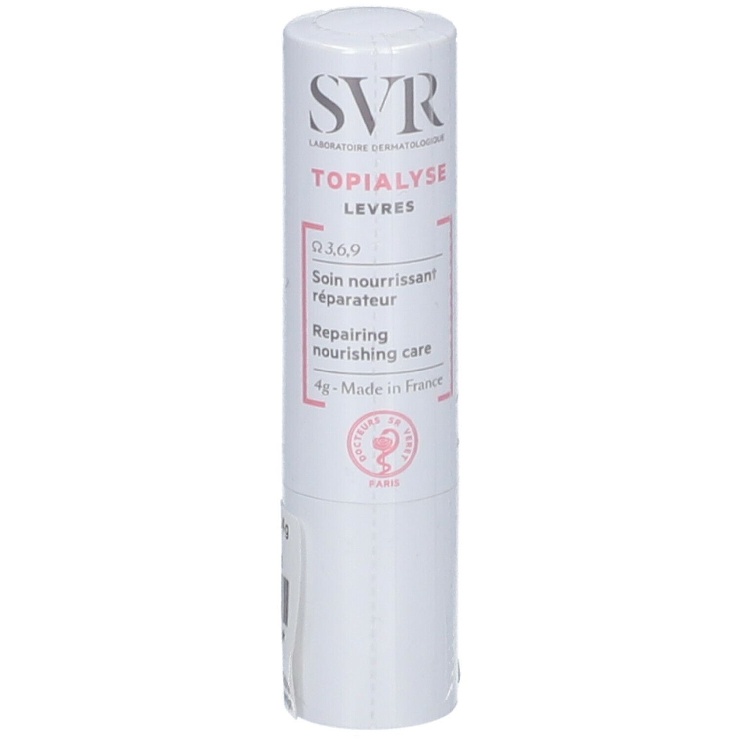 SVR Topialyse Labbra 4 g. Stick labbra bianco con testo e codice a barre. Fronte con nome del prodotto e logo.