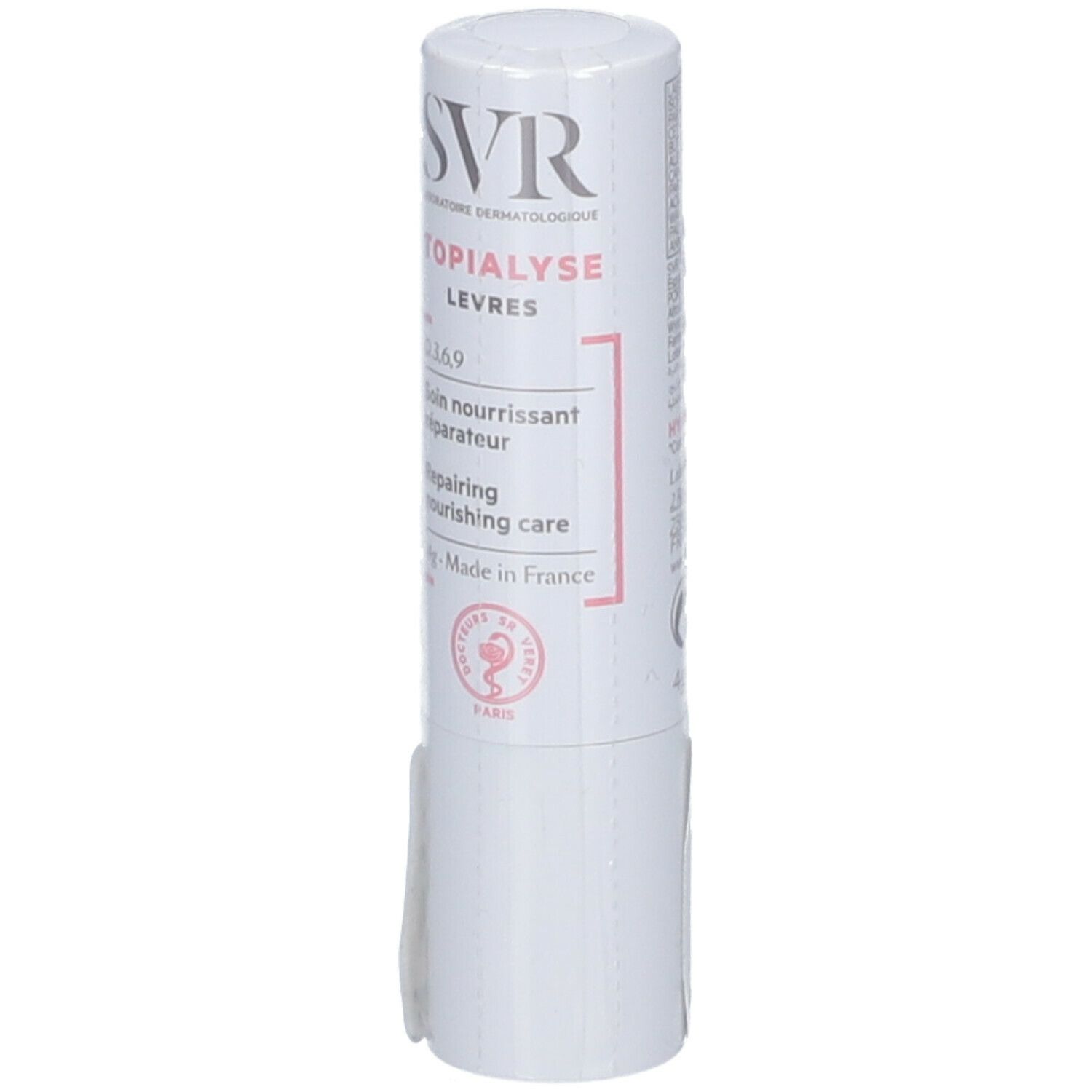 SVR Topialyse Labbra 4 g. Stick labbra bianco con testo e codice a barre. Fronte con nome del prodotto e logo.