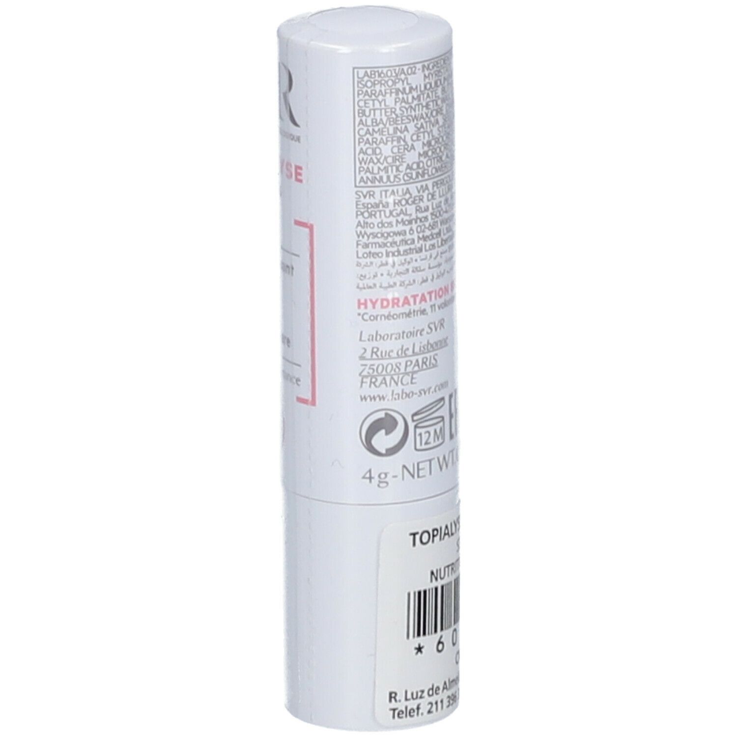 SVR Topialyse Labbra 4 g. Stick labbra bianco con testo e codice a barre. Retro con ingredienti e informazioni del produttore.