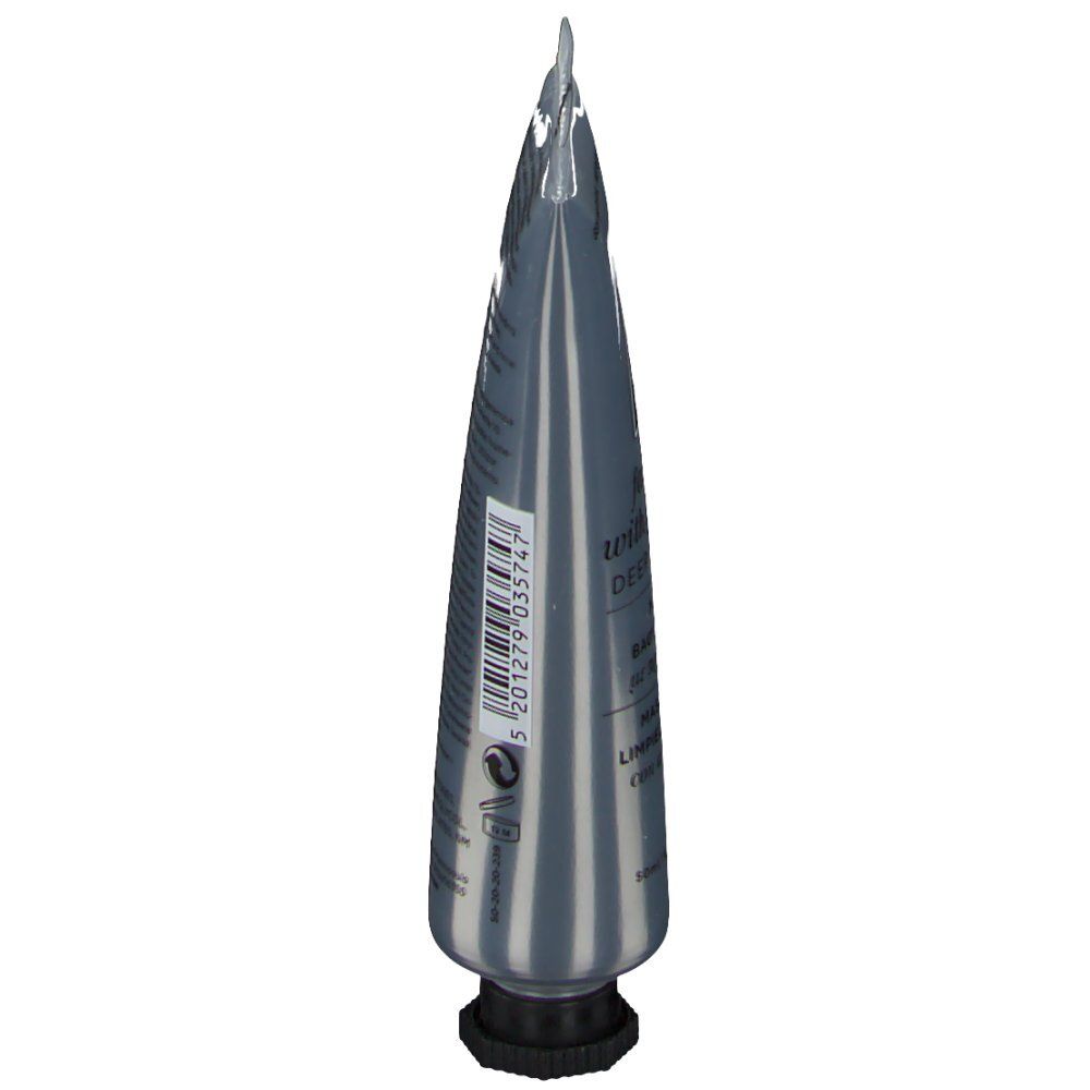 Tubo argentato, affusolato. Tappo nero. Scritta illeggibile. Retro con testo.