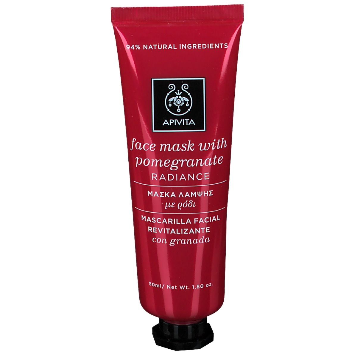 Tubo rosso con testo. 94% ingredienti naturali. Testo: Apivita, maschera viso alla melagrana, luminosità. Testo multilingue.