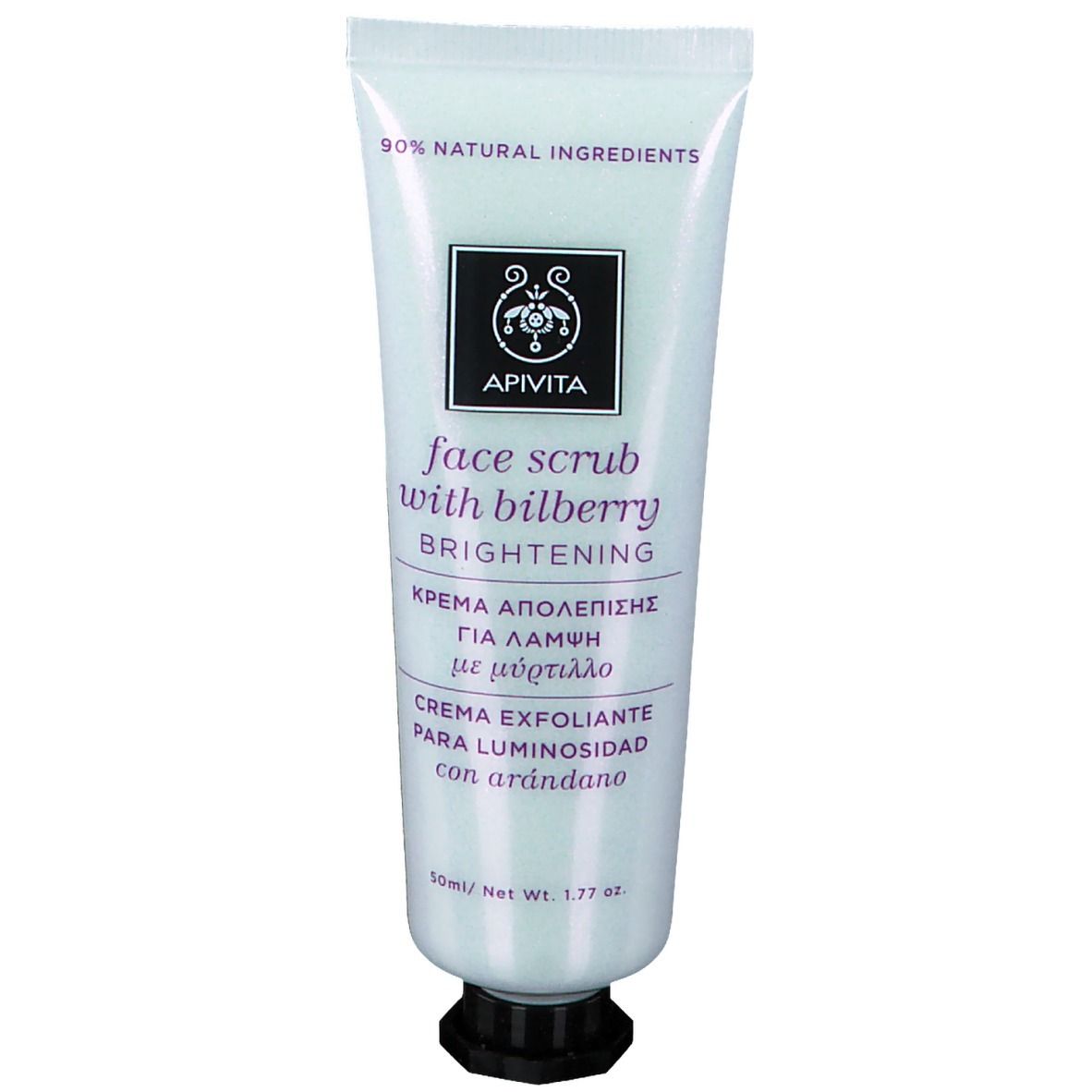 Tubo di scrub viso Apivita. Scritto: face scrub with bilberry, brightening. Contiene il 90% di ingredienti naturali.