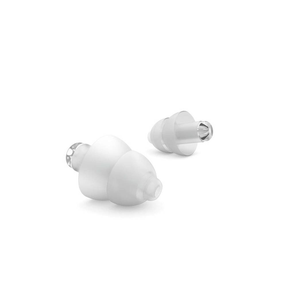 Due tappi per le orecchie bianchi. Hanno un filtro trasparente e una forma conica.