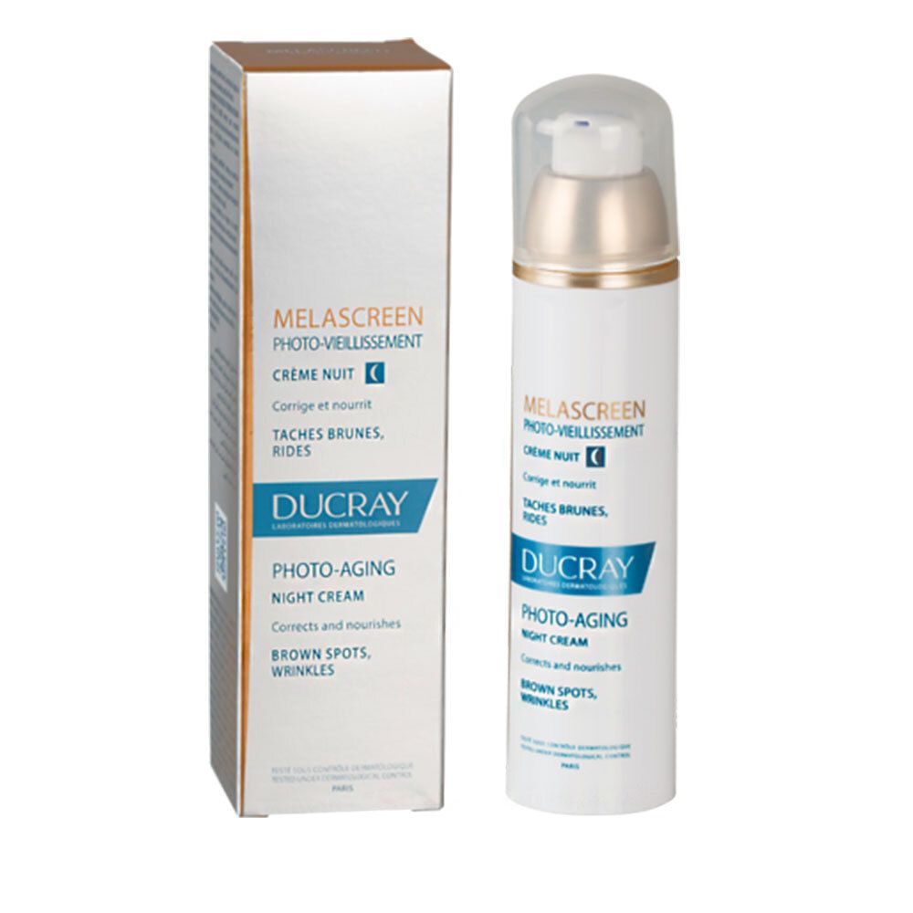 DUCRAY MELASCREEN crema notte e confezione. Flacone bianco, scatola grigia. Testo: MELASCREEN, PHOTO-VIEILLISSEMENT, CRÈME NUIT, DUCRAY, PHOTO-AGING.