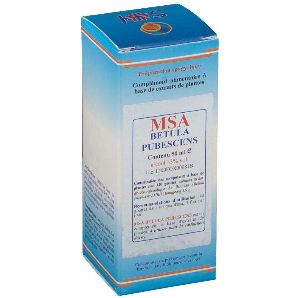 Confezione in cartone con informazioni sul prodotto. Scritta: MSA Betula Pubescens, contenuto 50 ml, alcool 33% vol.