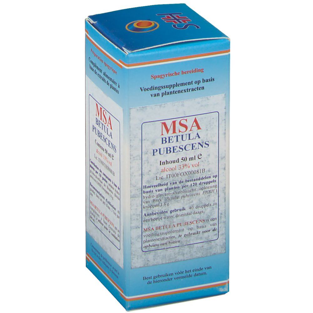 Confezione in cartone con informazioni sul prodotto. Scritta: MSA Betula Pubescens, contenuto 50 ml, alcool 33% vol.